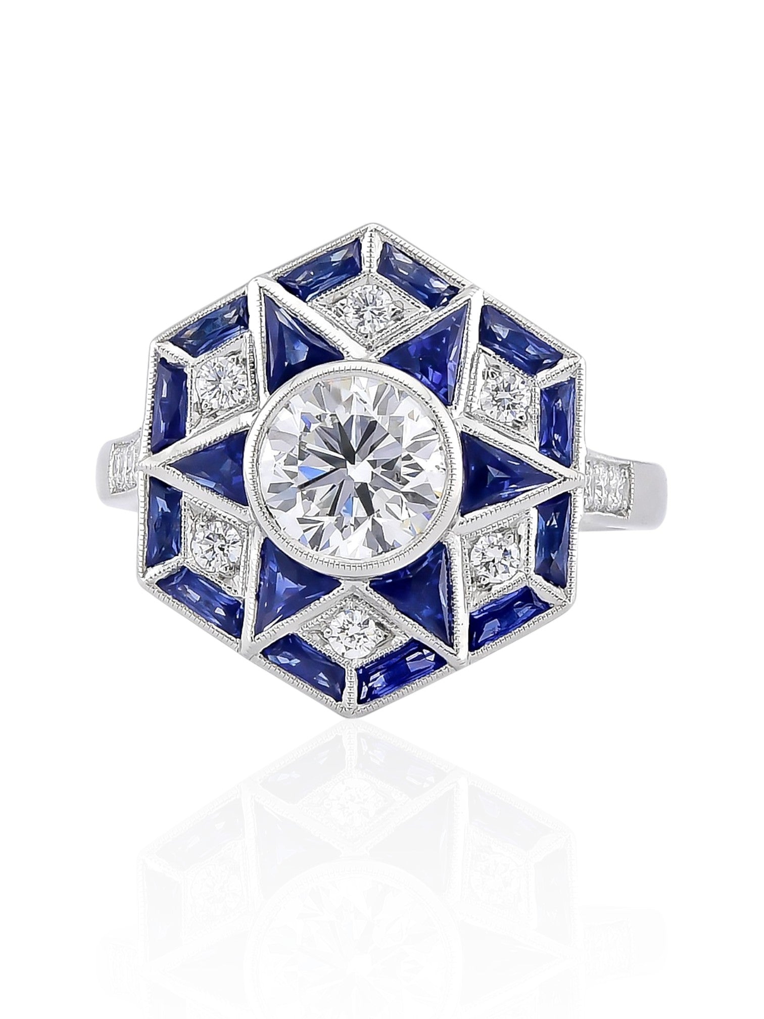 Sophia D Art Deco Round Diamond and Sapphire Starburst Ring in Platinum