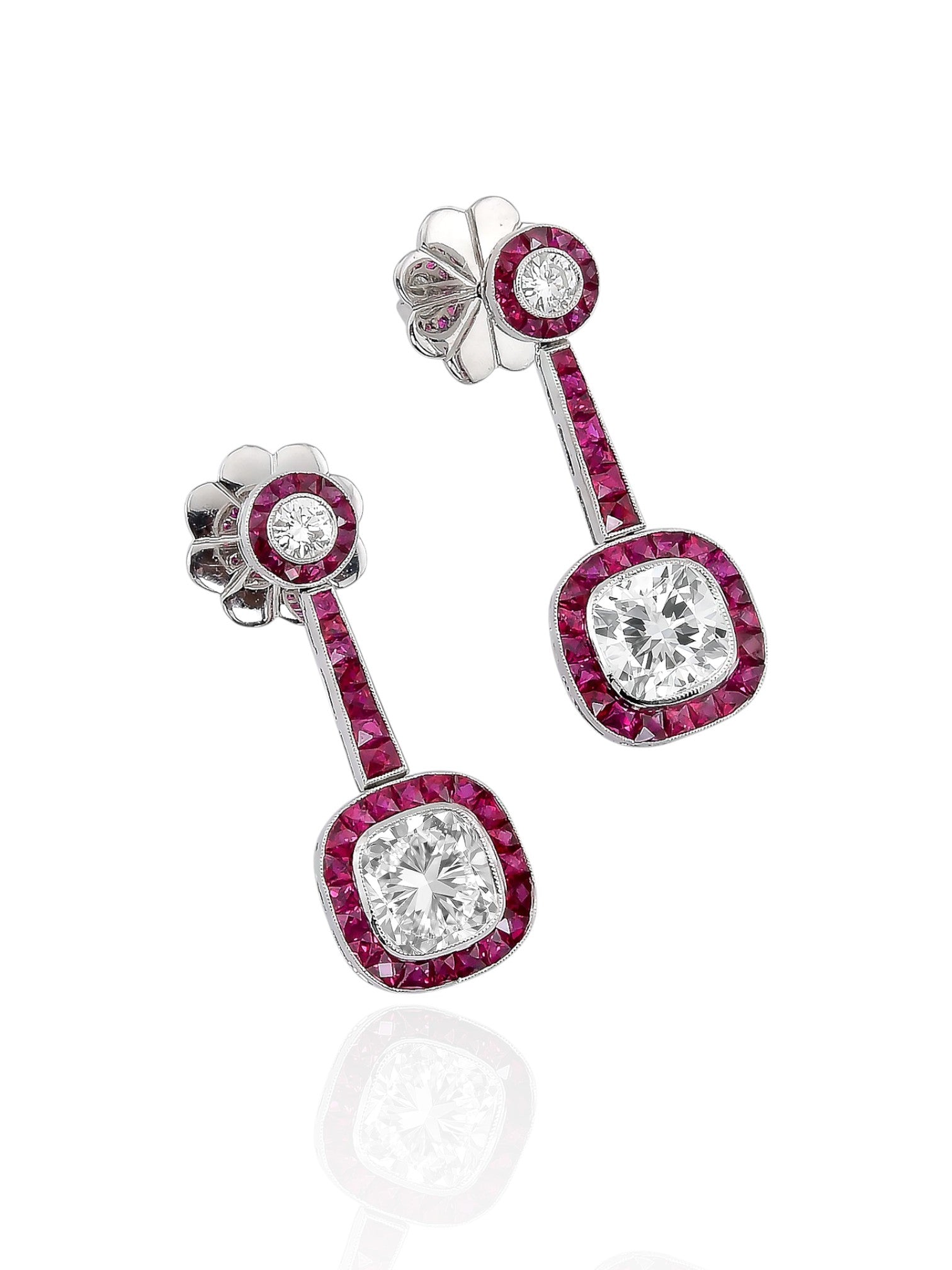 Sophia D Art Deco Cushion-Cut Diamond and Ruby Drop Earrings in Platinum