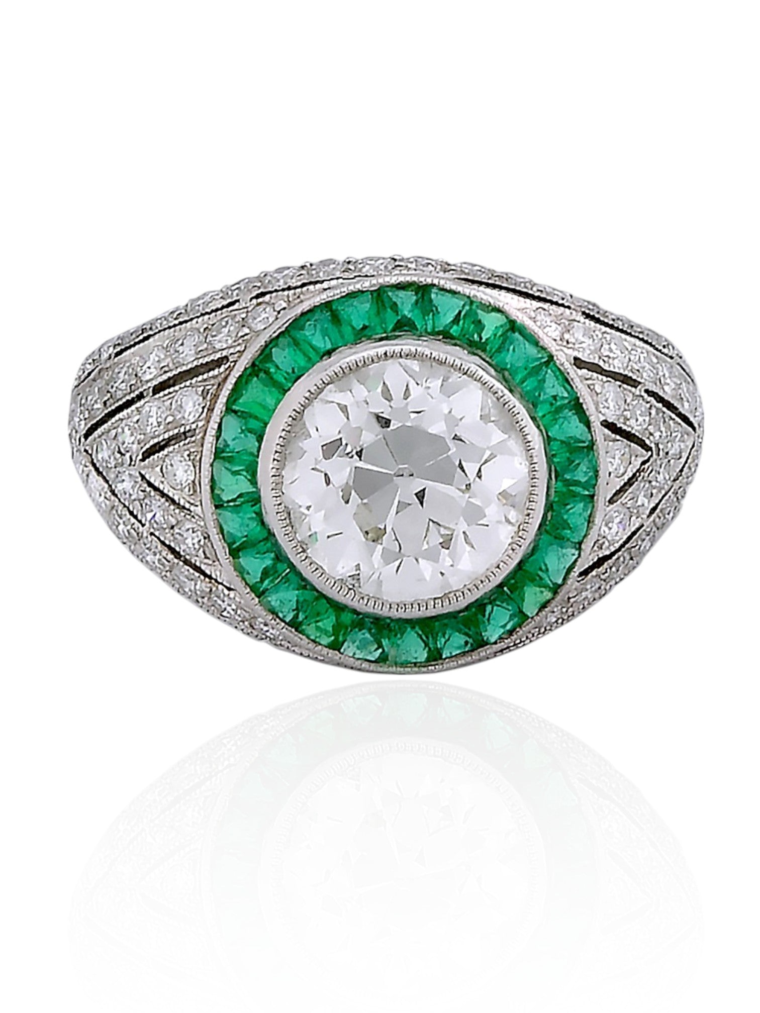 Sophia D Art Deco Round Diamond and Emerald Halo Ring in Platinum