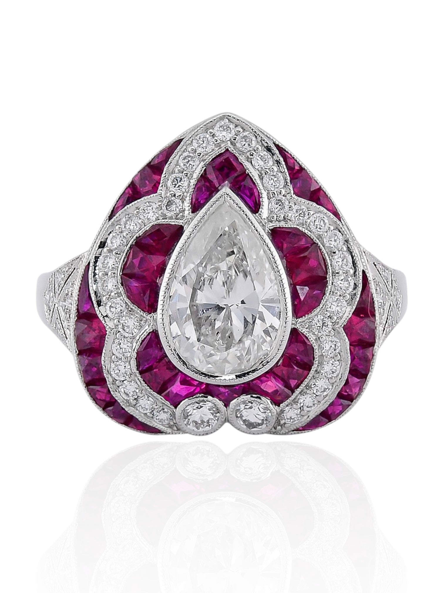 Sophia D Art Deco Ring with Pear-Shaped Diamond and Ruby Halo in Platinum