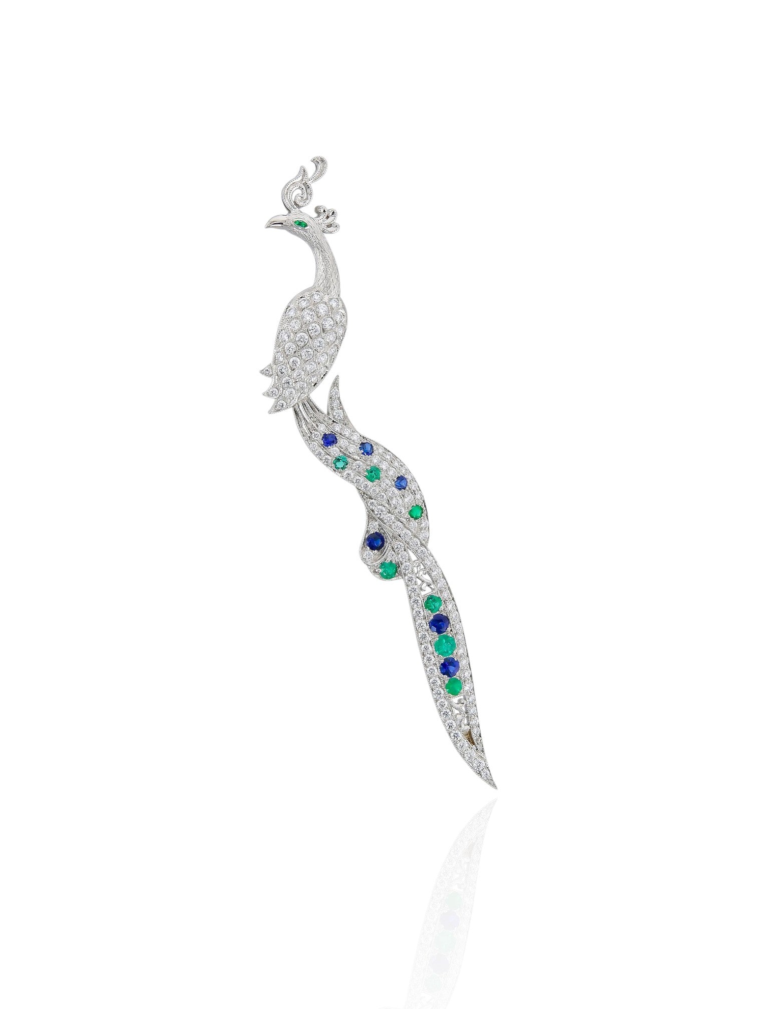 Sophia D Peacock Diamond, Emerald, and Sapphire Brooch in Platinum