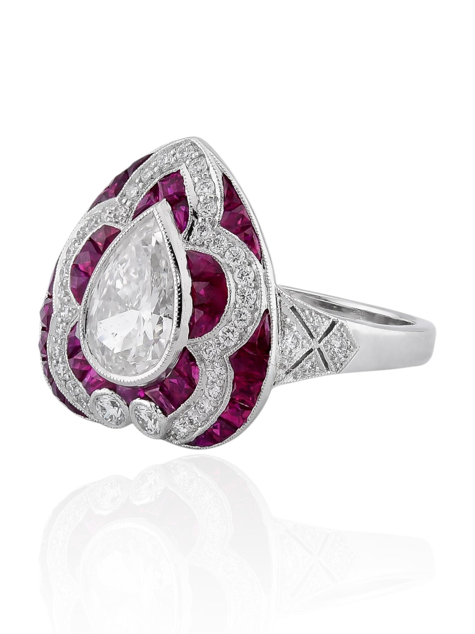 Sophia D Art Deco Ring with Pear-Shaped Diamond and Ruby Halo in Platinum