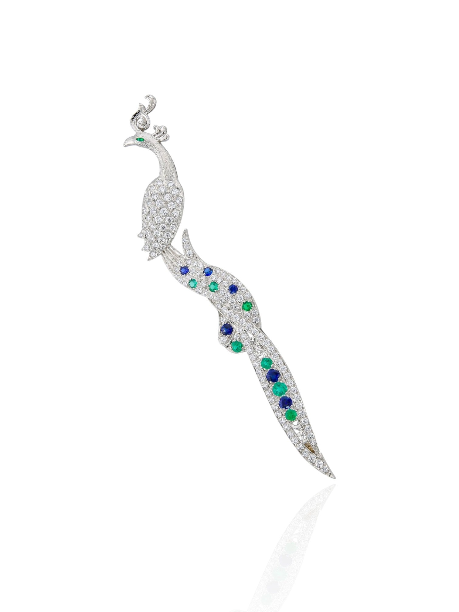 Sophia D Peacock Diamond, Emerald, and Sapphire Brooch in Platinum