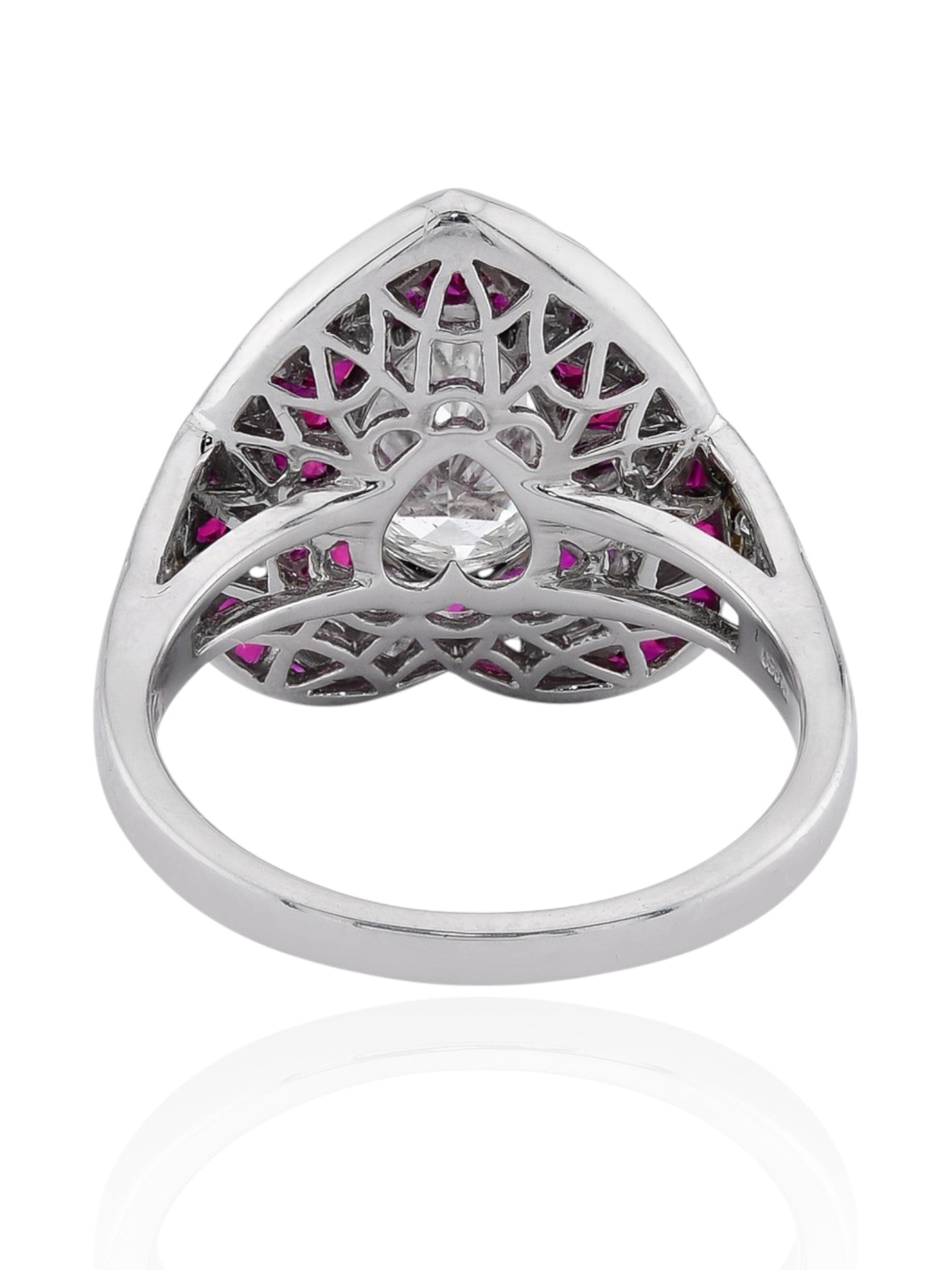 Sophia D Art Deco Ring with Pear-Shaped Diamond and Ruby Halo in Platinum