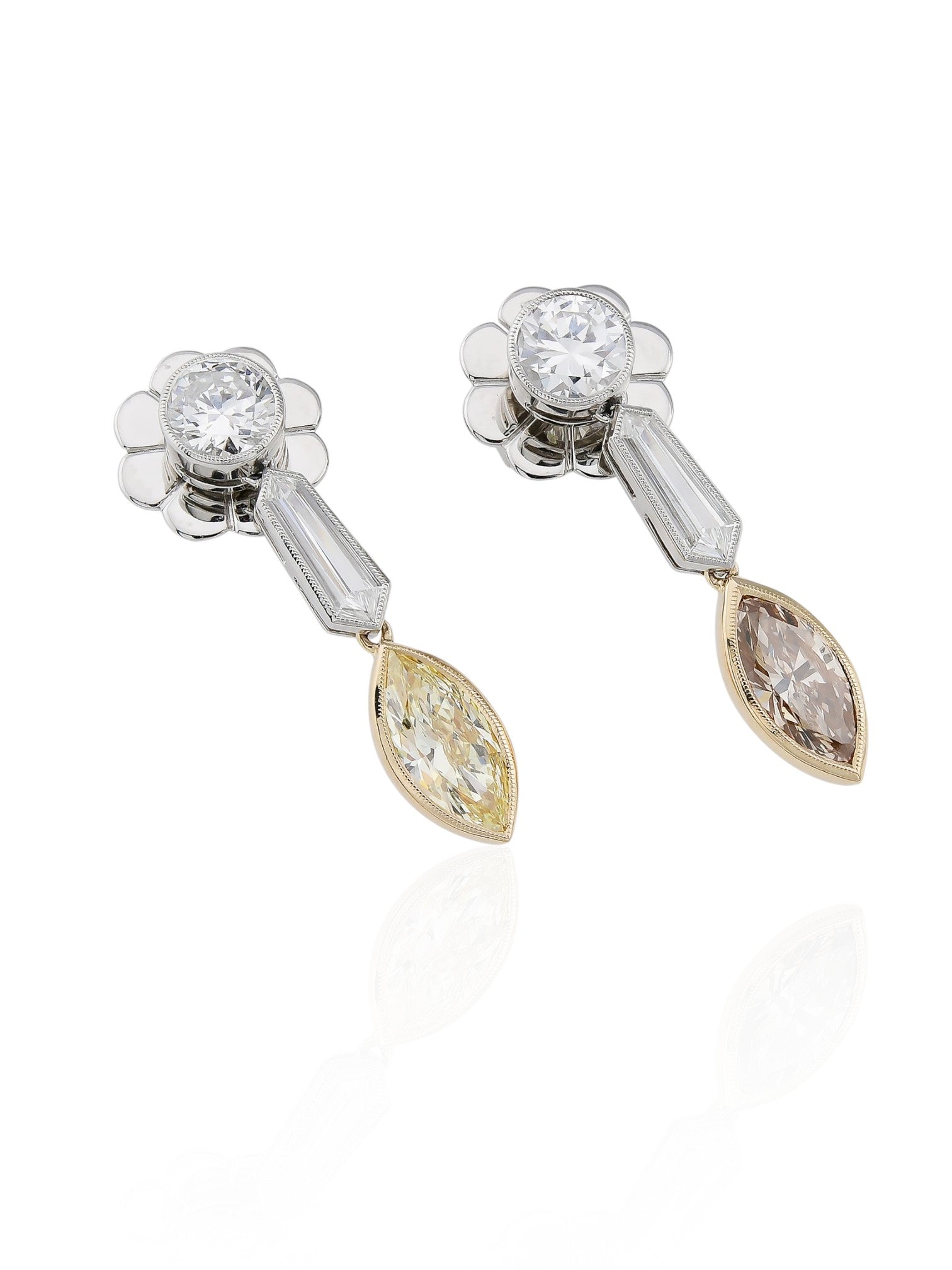 Sophia D Mixed Marquise and Round Diamond Drop Earrings in Platinum and Yellow Gold