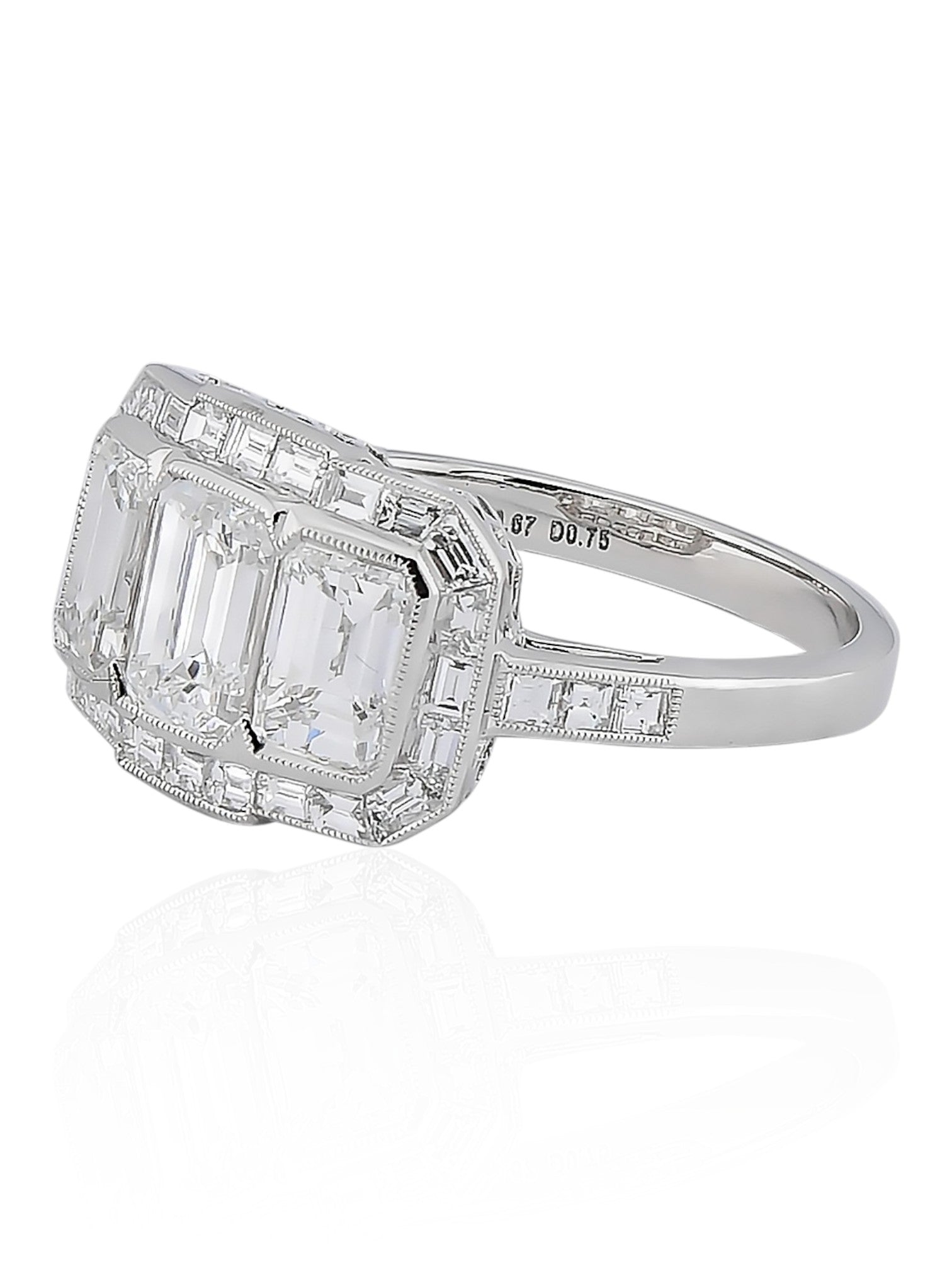 Sophia D Art Deco Three-Stone Emerald-Cut Diamond Ring in Platinum