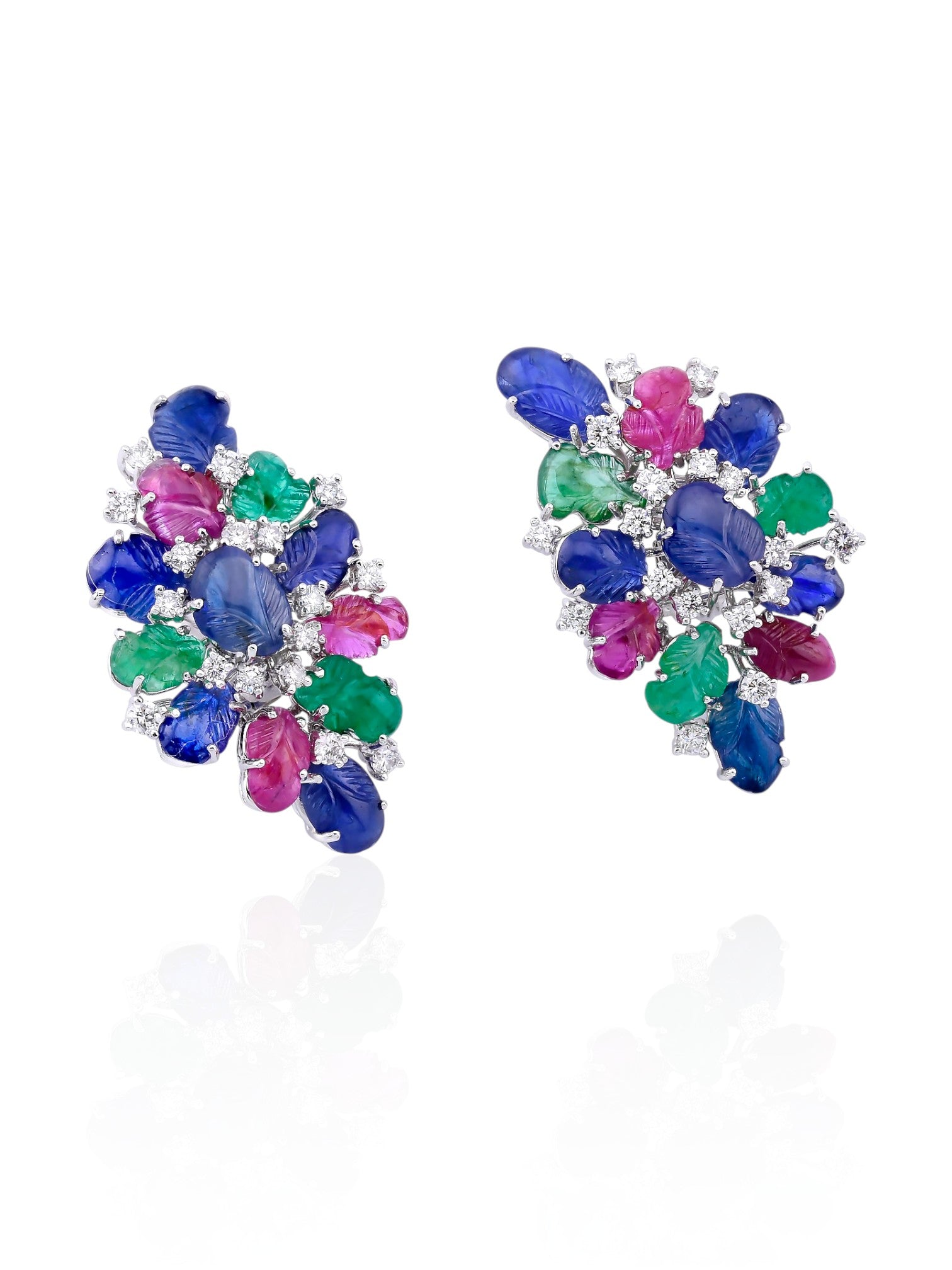 Sophia D Carved Ruby, Sapphire, and Emerald Floral Earrings in 18K White Gold