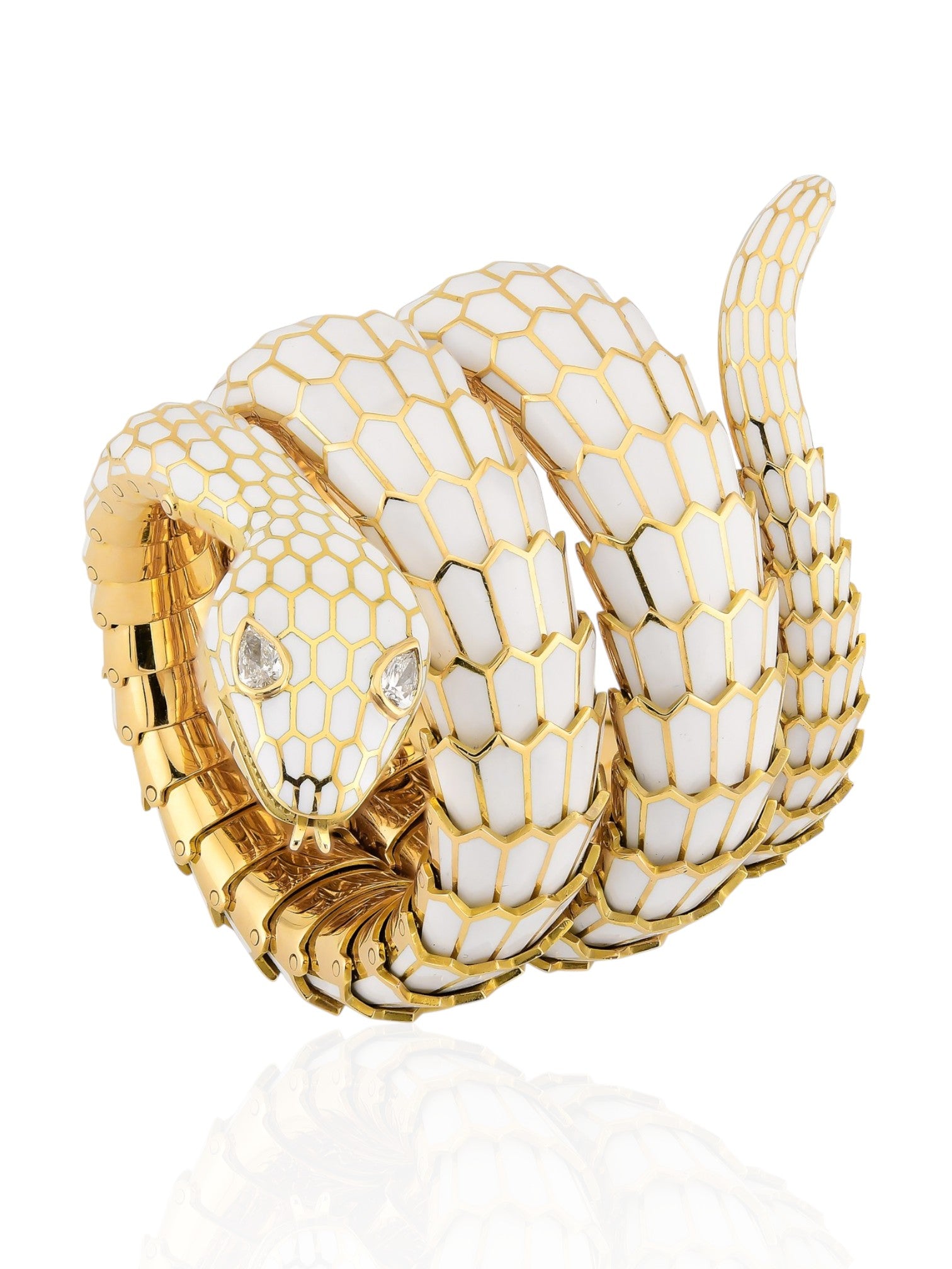 Sophia D White Enamel Snake Bangle with Diamonds in 18K Yellow Gold
