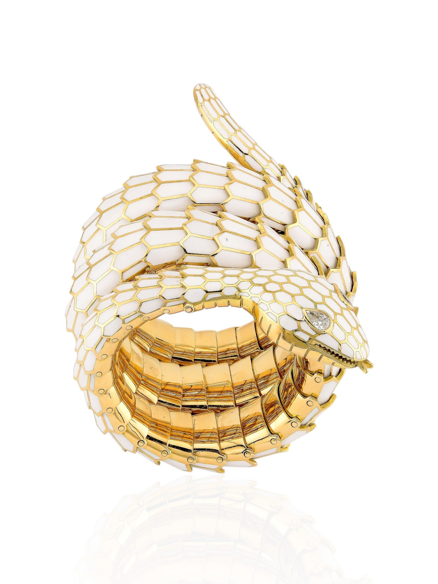 Sophia D White Enamel Snake Bangle with Diamonds in 18K Yellow Gold