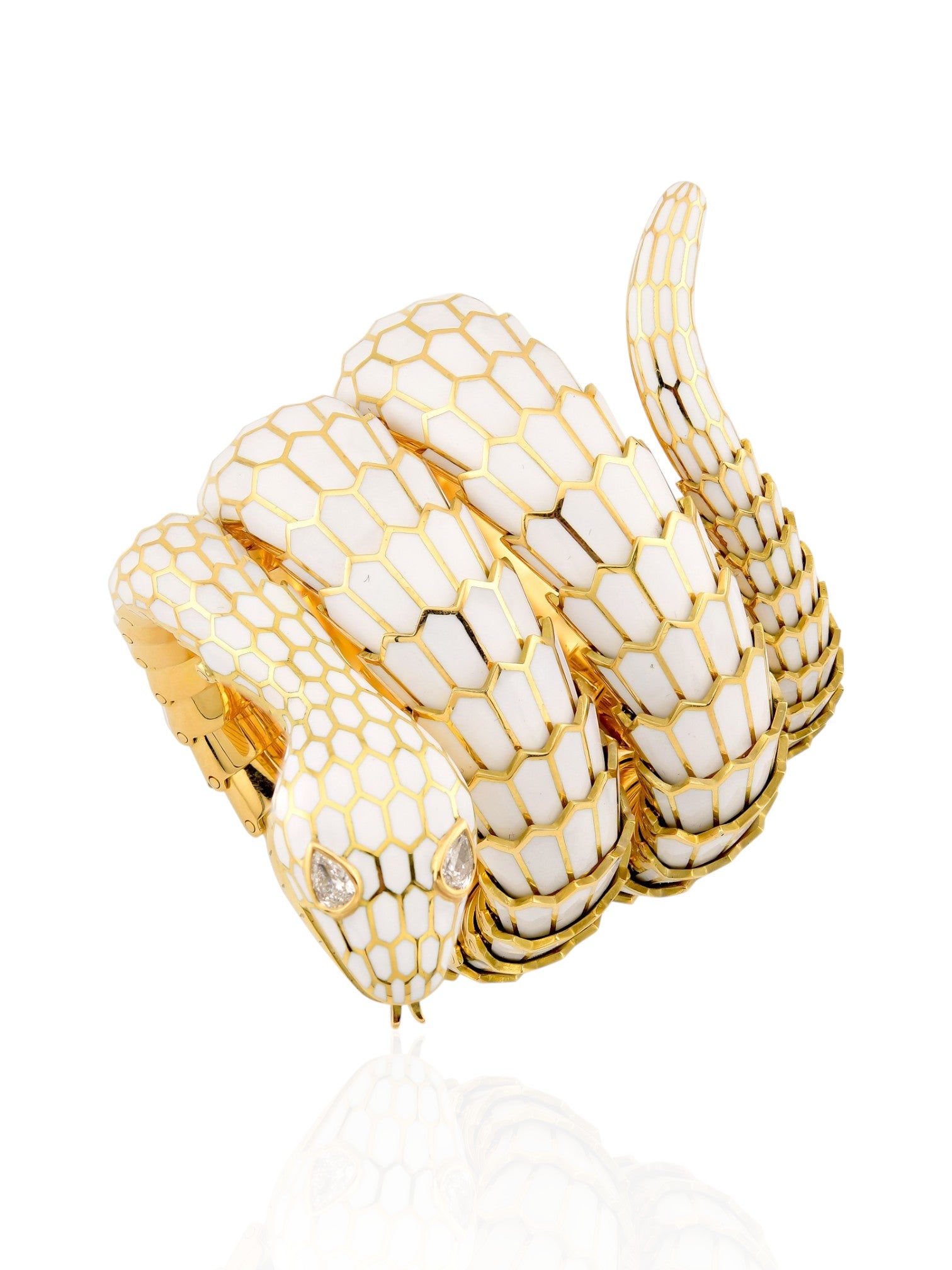 Sophia D White Enamel Snake Bangle with Diamonds in 18K Yellow Gold