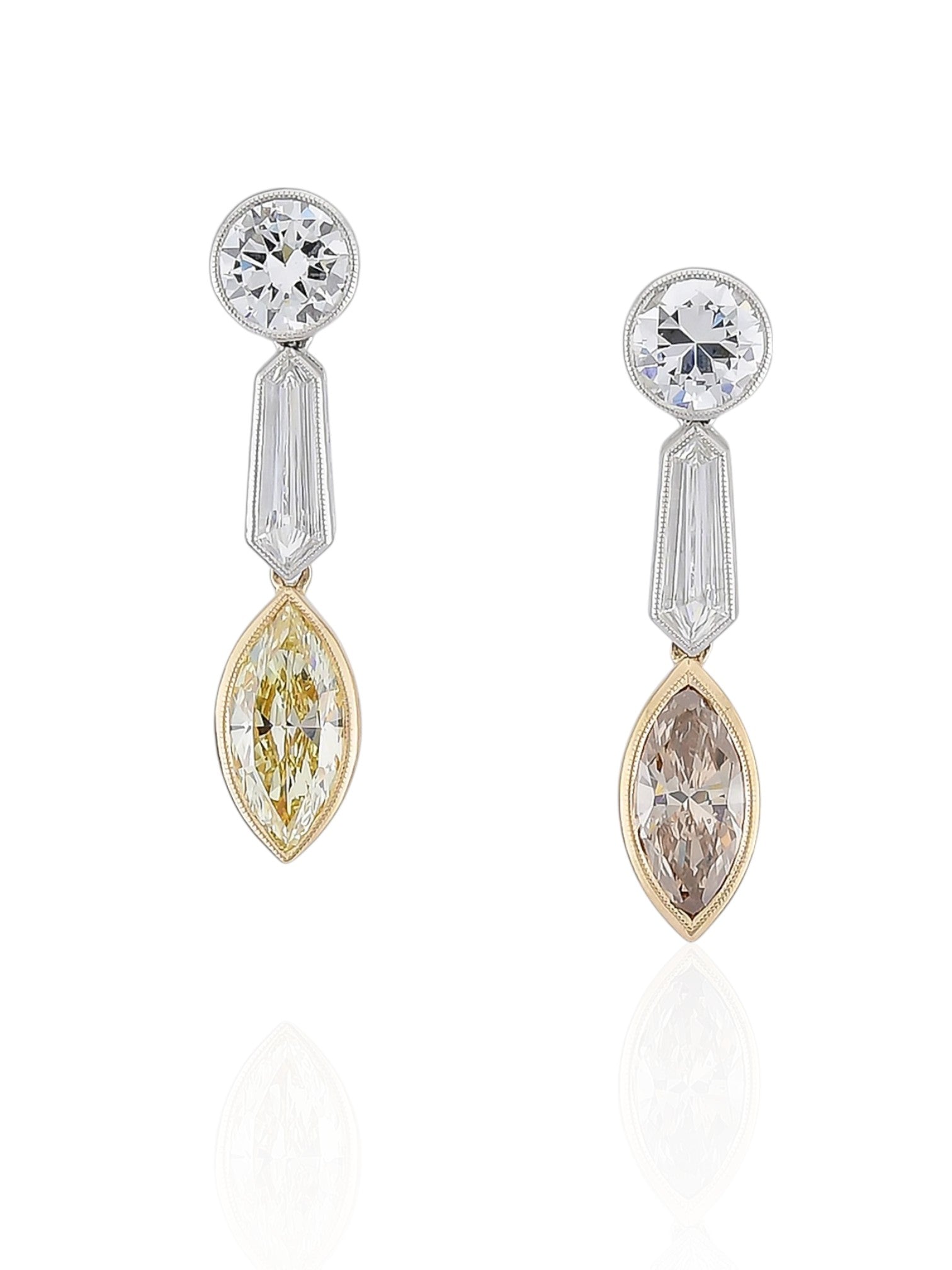 Sophia D Mixed Marquise and Round Diamond Drop Earrings in Platinum and Yellow Gold
