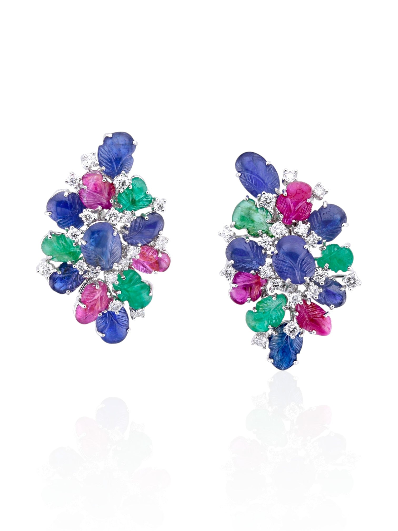 Sophia D Carved Ruby, Sapphire, and Emerald Floral Earrings in 18K White Gold
