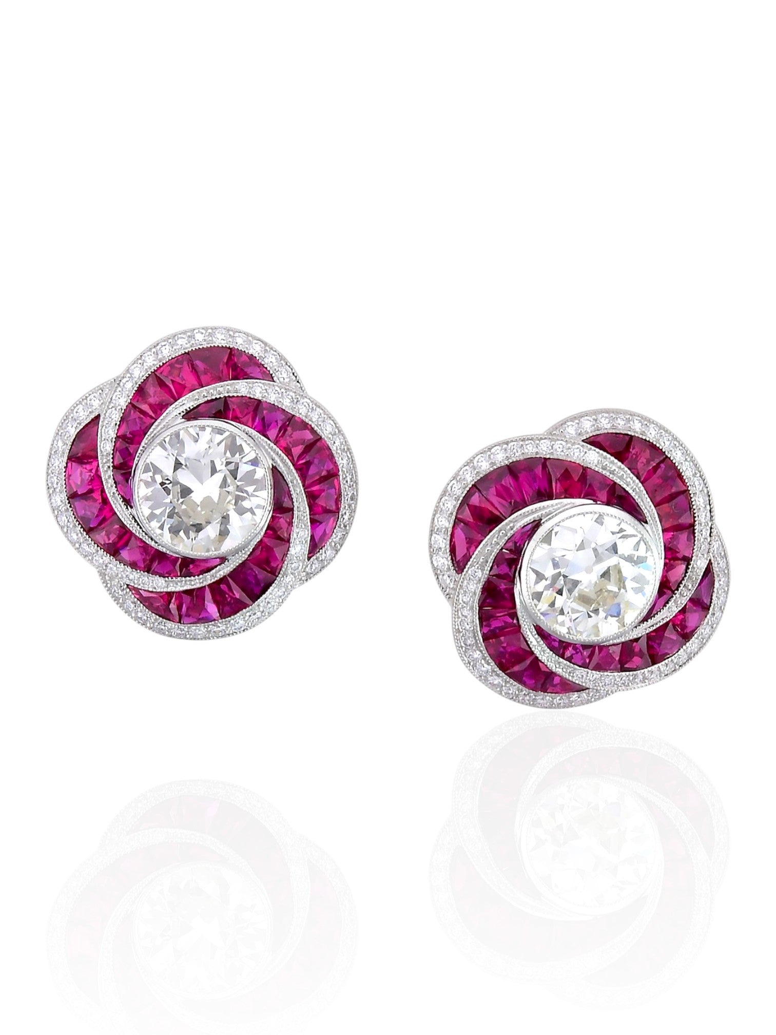 Sophia D Art Deco Ruby Swirl Earrings in Platinum and 18K Yellow Gold