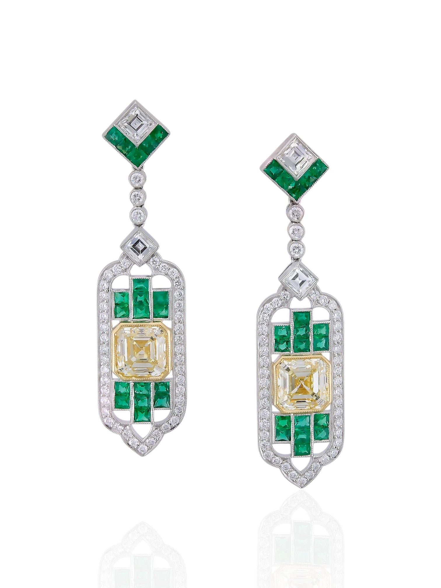 Sophia D Art Deco Yellow Diamond & Emerald Drop Earrings in Platinum and 18K Yellow Gold