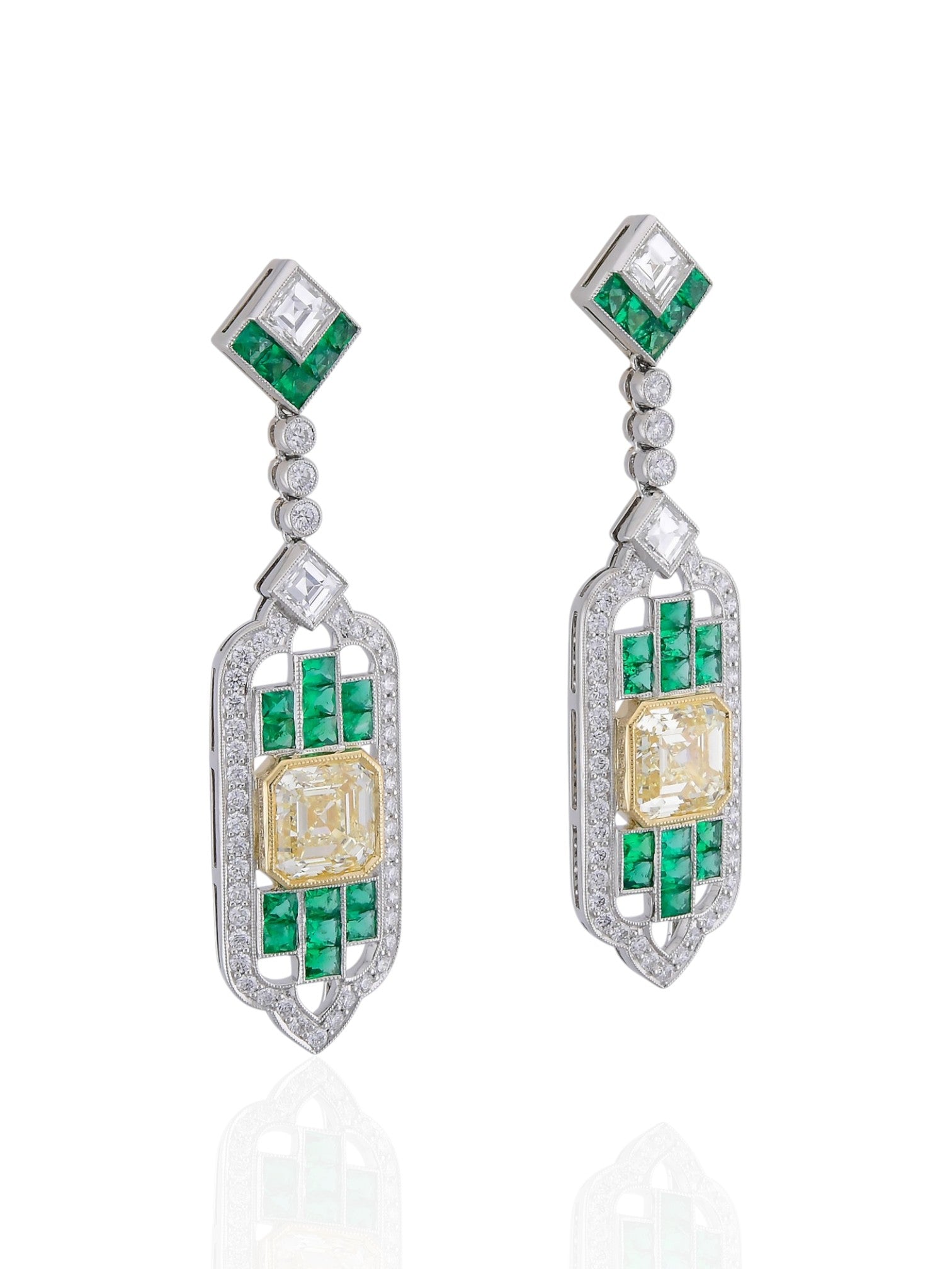 Sophia D Art Deco Yellow Diamond & Emerald Drop Earrings in Platinum and 18K Yellow Gold