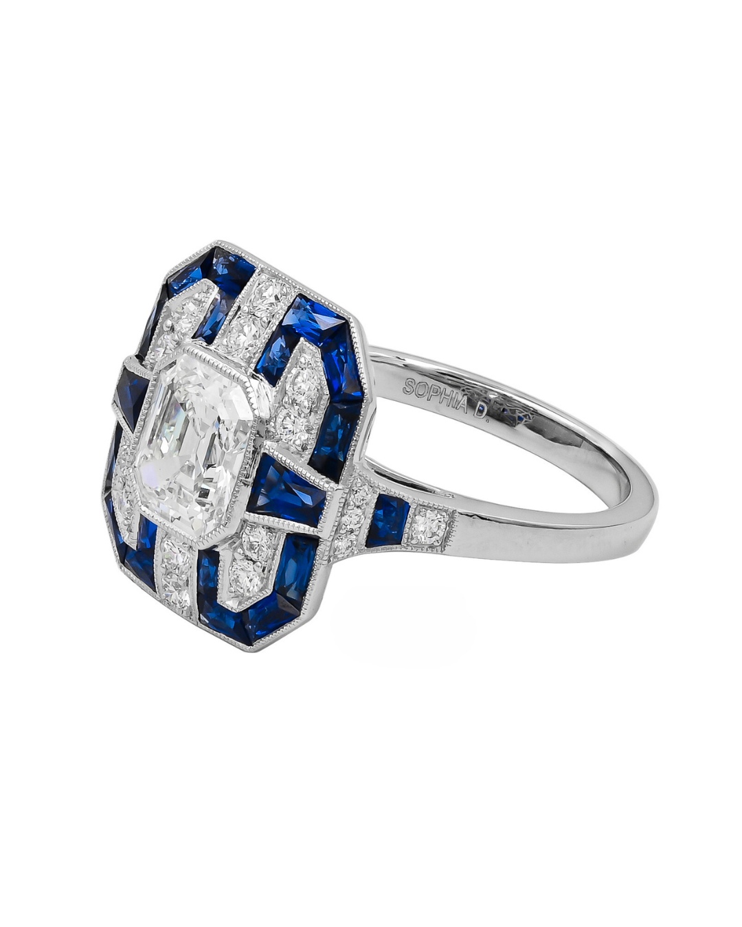 Sophia D. Sapphire and Diamond Ring with Asscher Cut Center and Sapphire Tapered Trapezoids