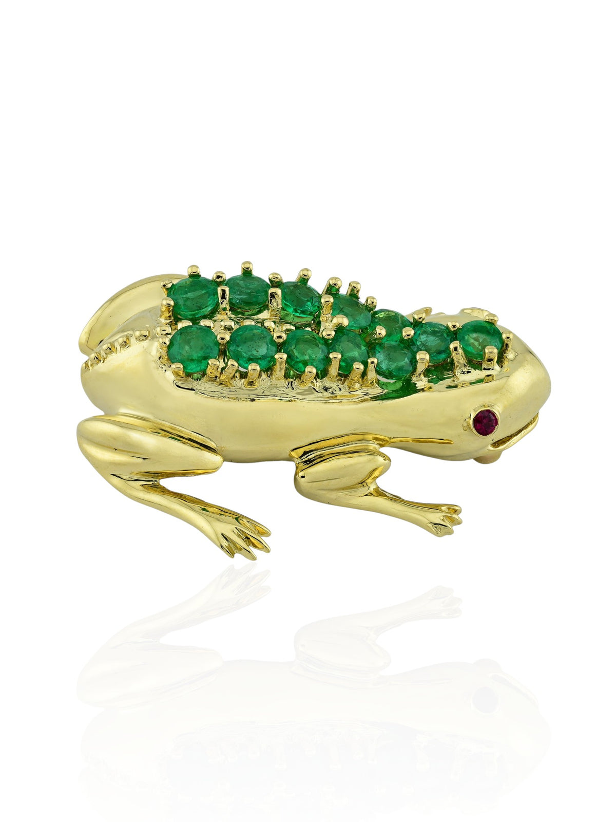 Sophia D. Emerald and Ruby Frog Brooch in 18K Yellow Gold