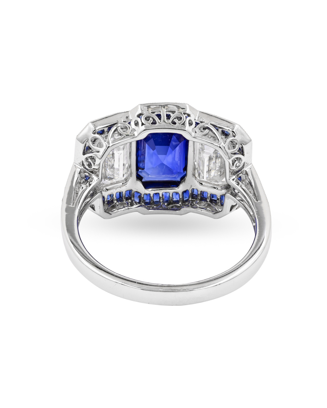 Sophia D. Three Stone Ring with Blue Sapphire Center and Diamond Side Stones, Surrounded by French Cut Blue Sapphires