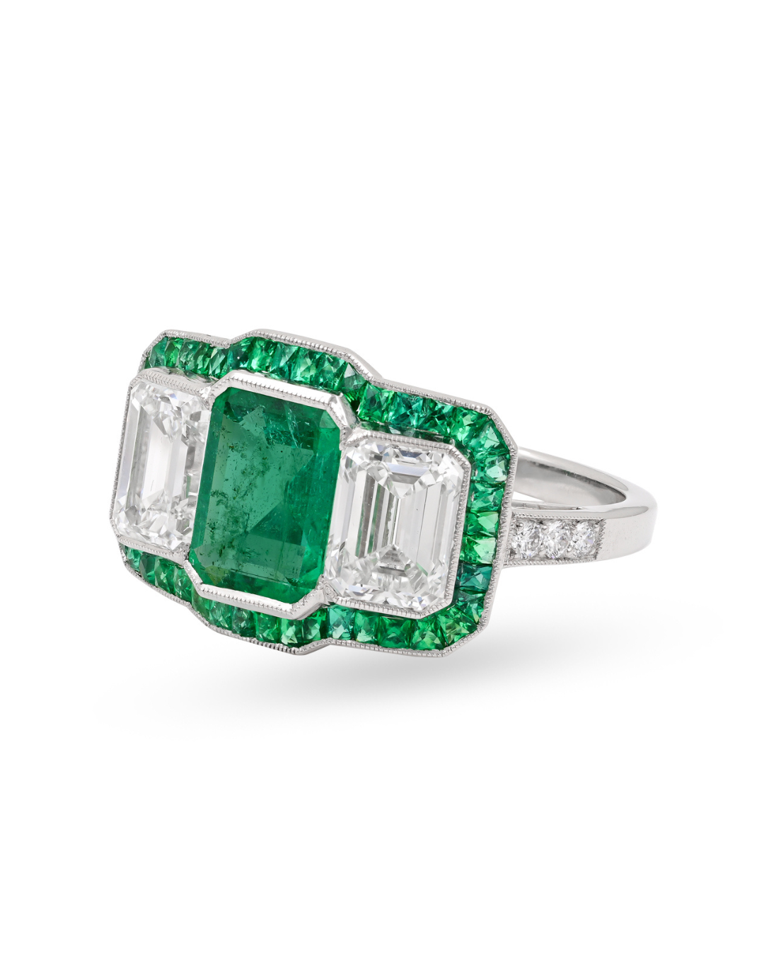 Sophia D. Three Stone Ring with Emerald Center and Diamond Side Stones, Surrounded by French Cut Emeralds