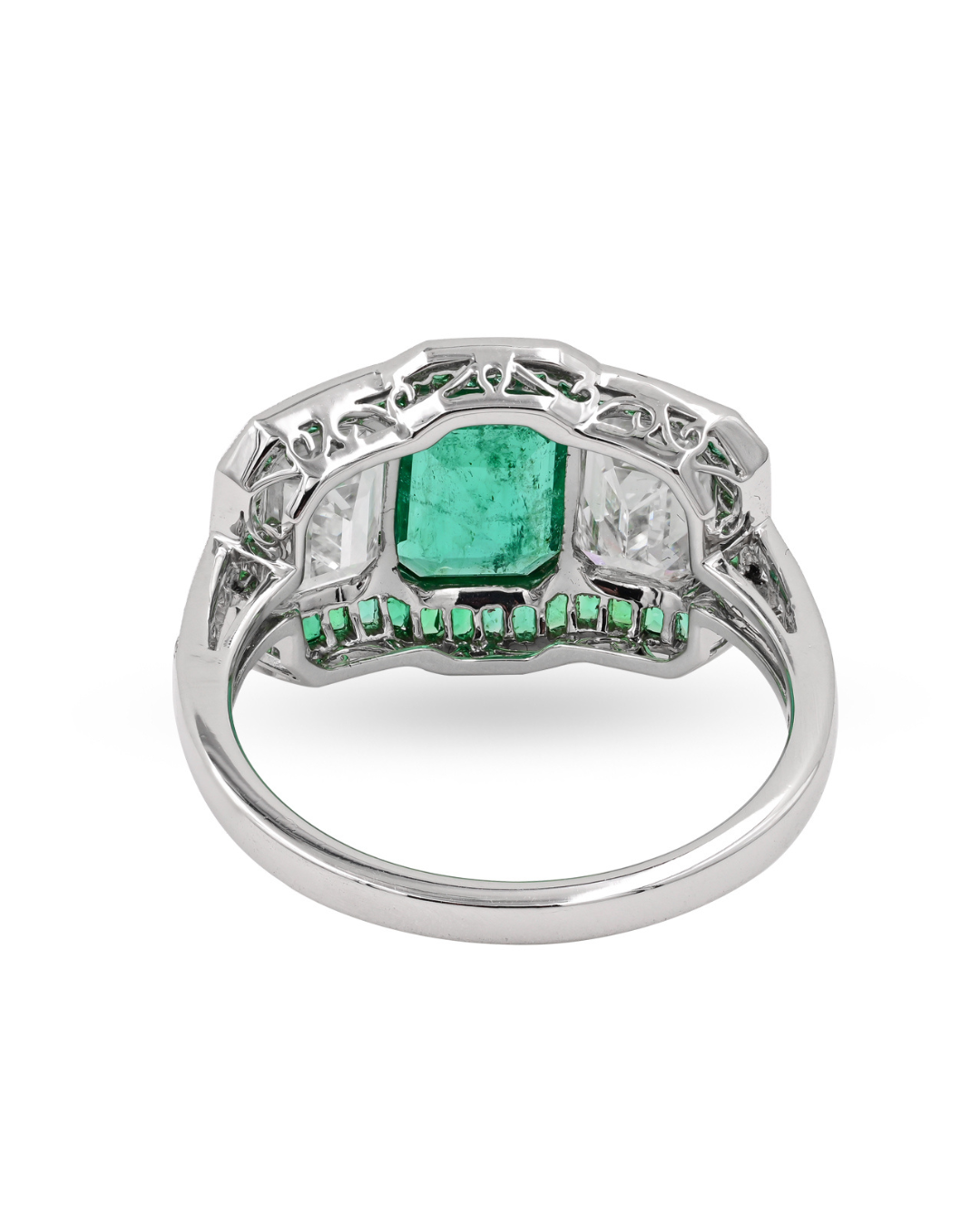 Sophia D. Three Stone Ring with Emerald Center and Diamond Side Stones, Surrounded by French Cut Emeralds