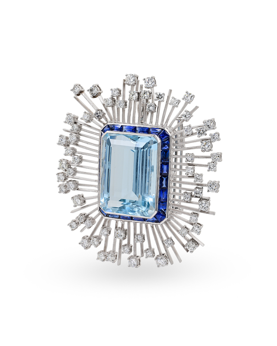 Sophia D. 35 Carat Emerald Cut Aquamarine with French Cut Blue Sapphires and Platinum Stems with Diamonds