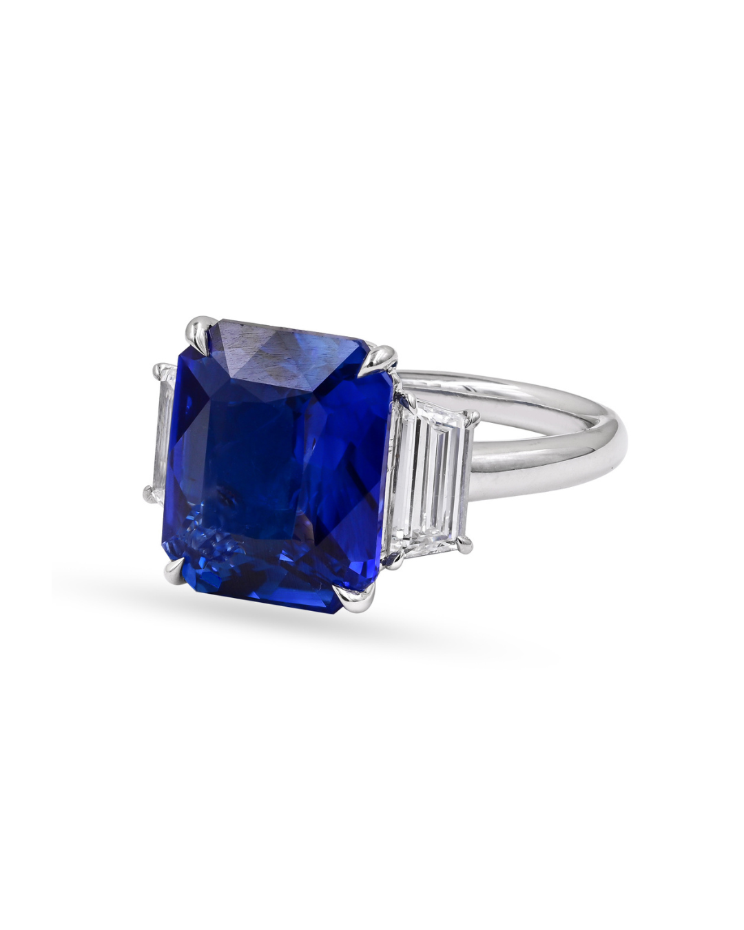 Sophia D. Cushion Cut Blue Sapphire Ring with Diamond Trapezoids