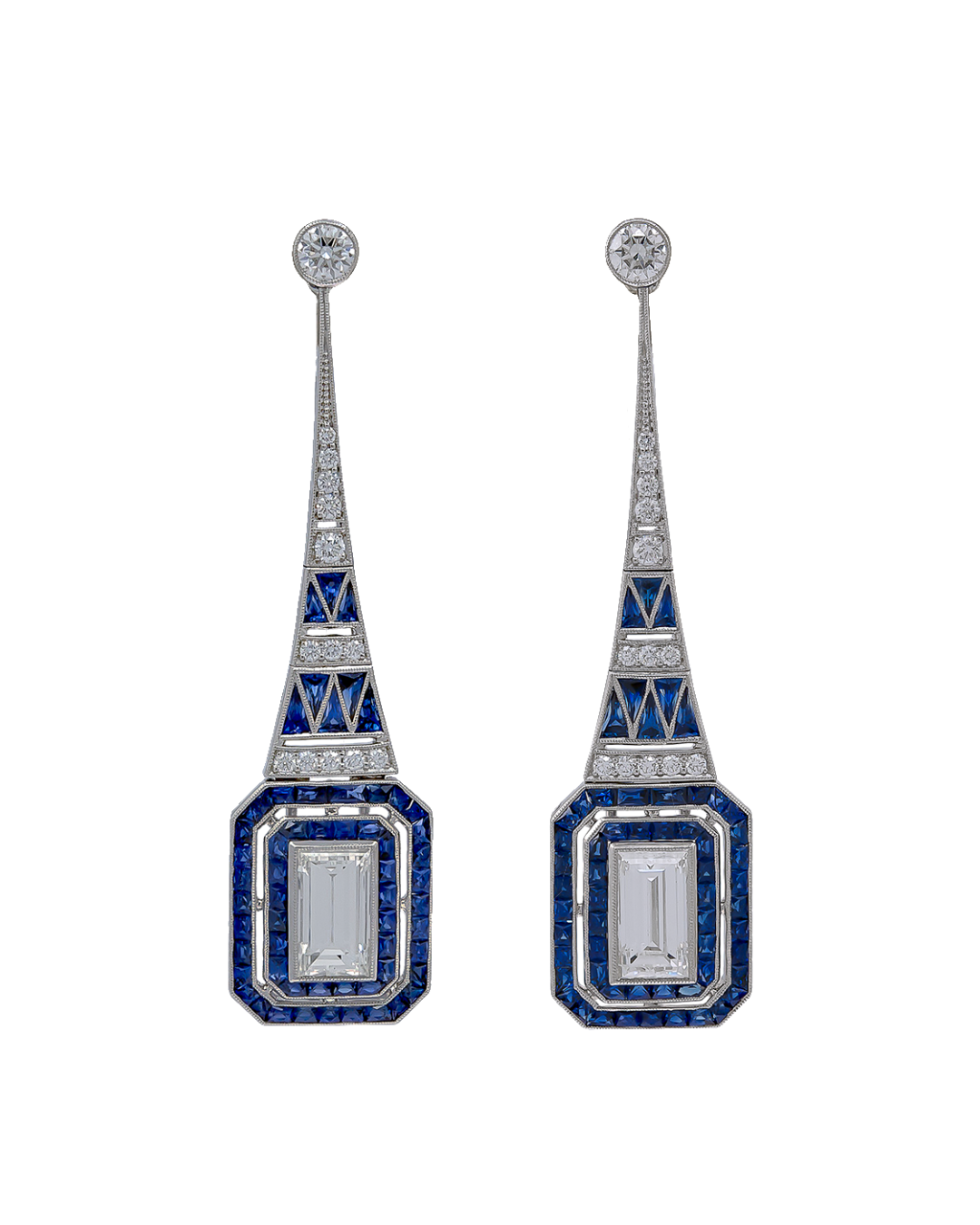 Sophia D. Art Deco Transitional Earrings in Blue Sapphire and Diamond
