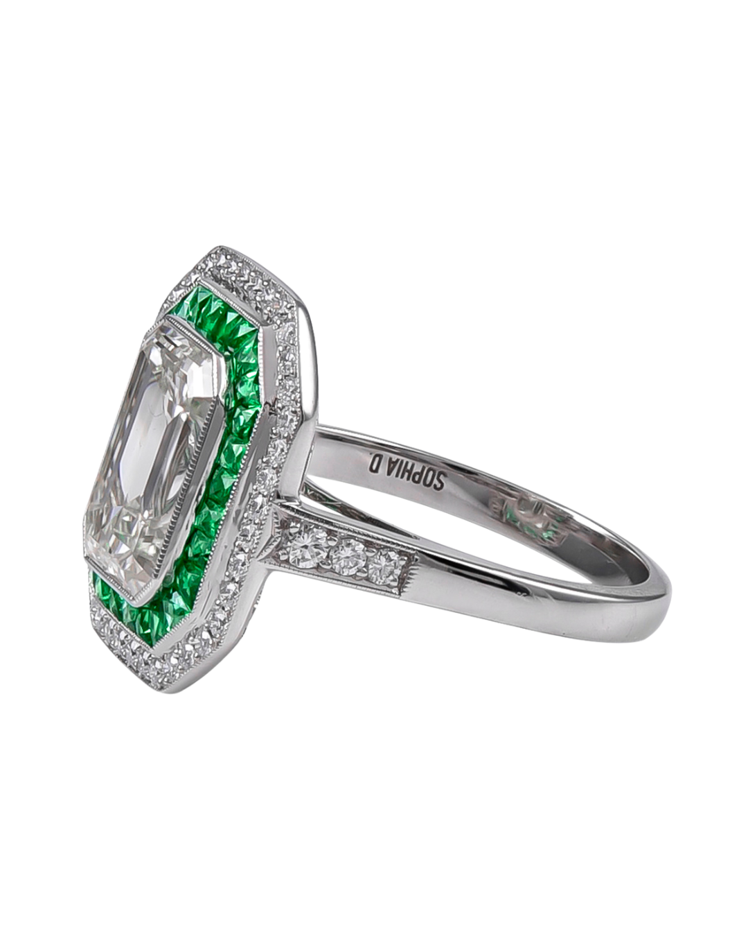 Sophia D. Emerald Cut Diamond Ring with French Cut Emerald Halo and Diamond Halo