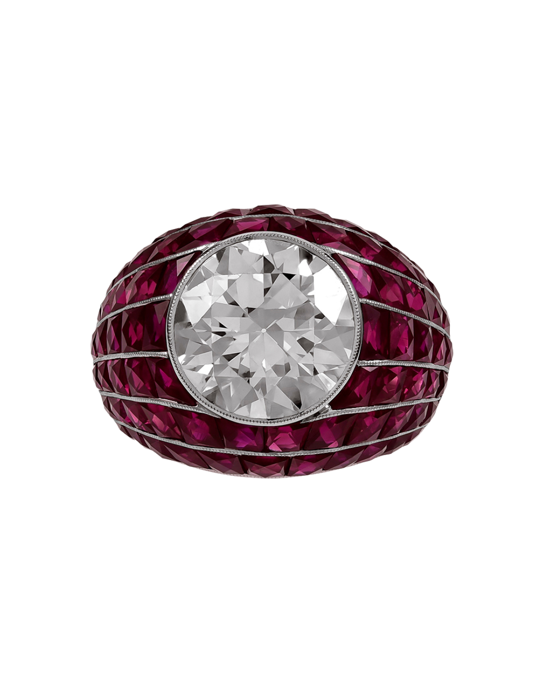 Sophia D. French Cut Ruby Bombe Ring With Round Diamond Center