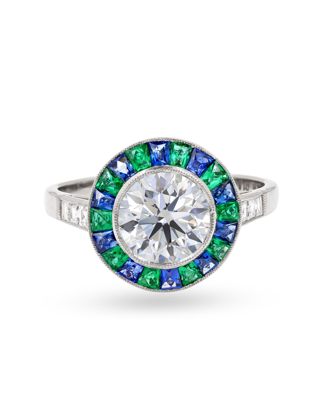 Sophia D. Round Diamond Ring with Alternating French Cut Emeralds and Blue Sapphires