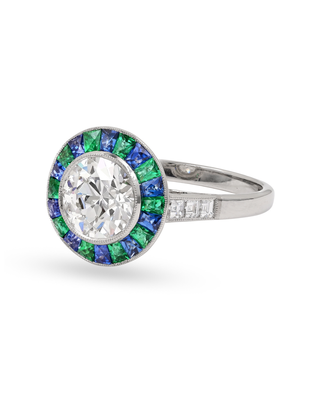 Sophia D. Round Diamond Ring with Alternating French Cut Emeralds and Blue Sapphires