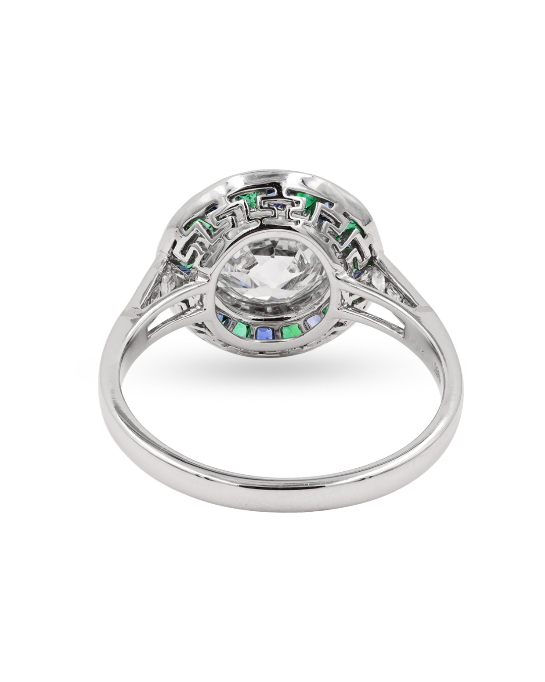 Sophia D. Round Diamond Ring with Alternating French Cut Emeralds and Blue Sapphires