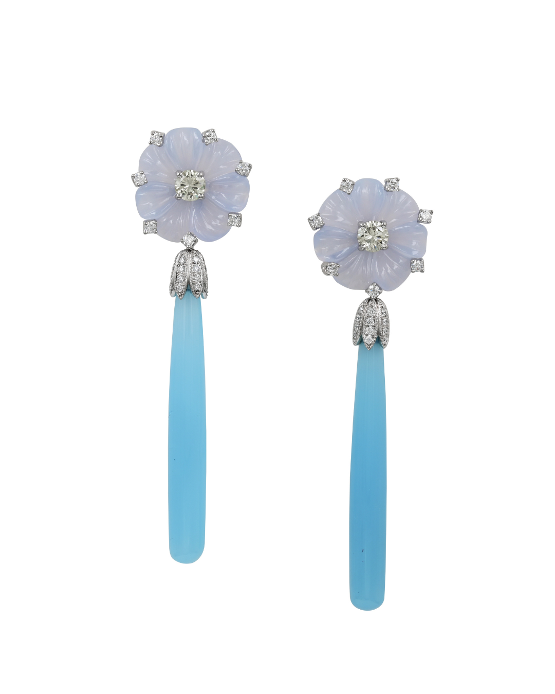 Sophia D. Blue Agate and Chalcendony Floral Earrings with Diamond Center