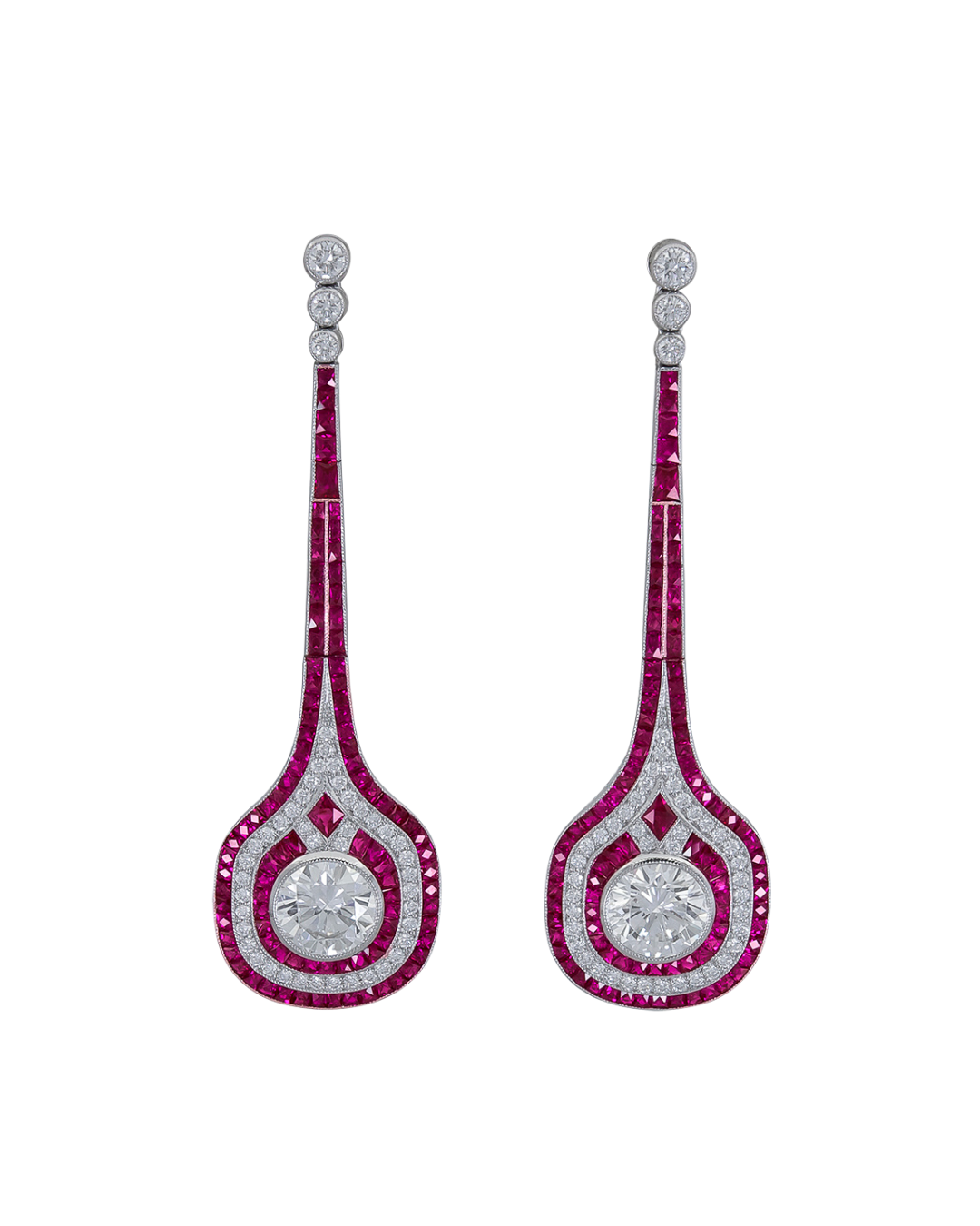 Sophia D. French Cut Ruby and Diamond Drop Earrings with Round Diamond Center