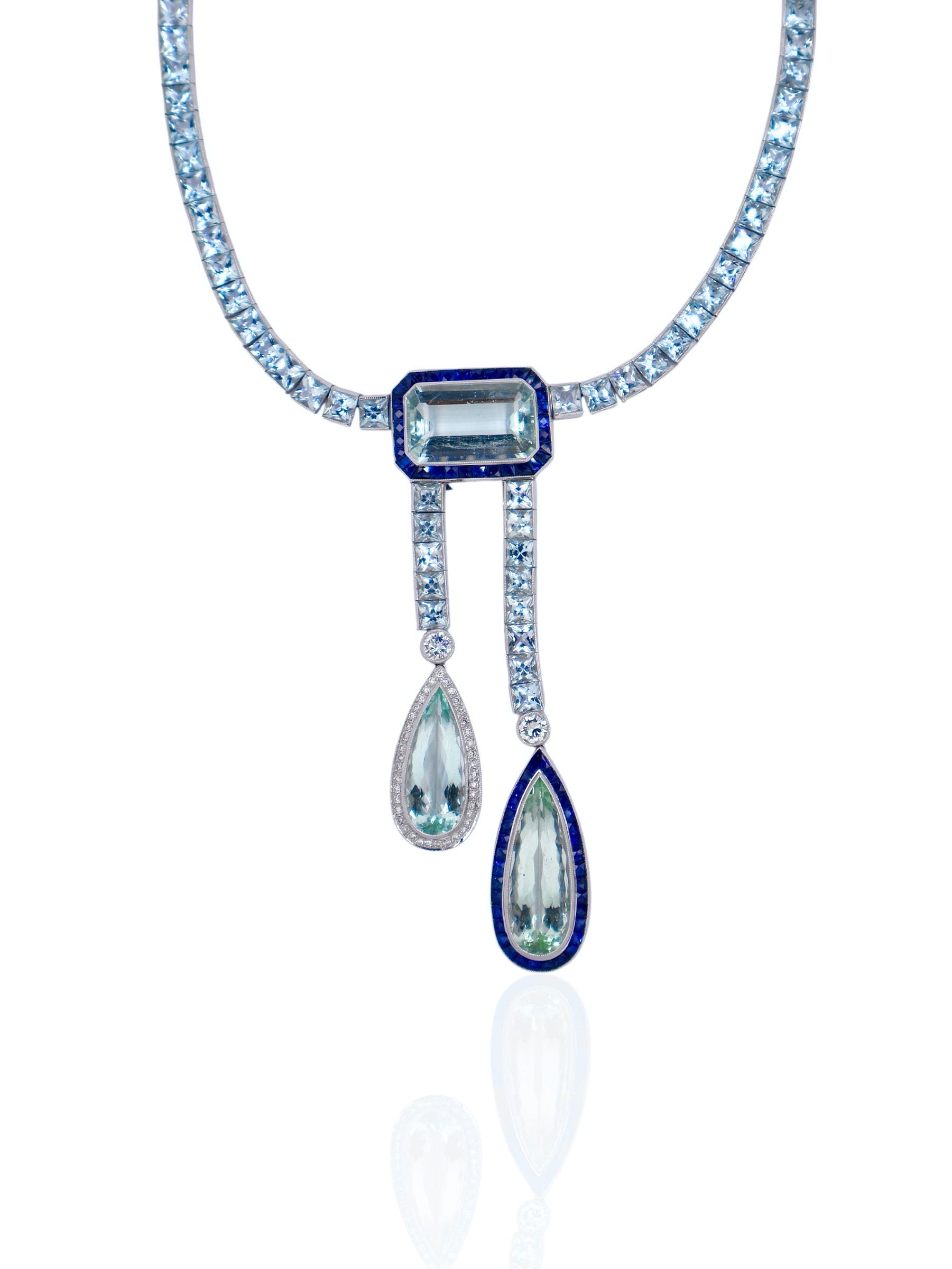 Sophia D Art Deco Aquamarine, Sapphire and Diamond Necklace in Platinum