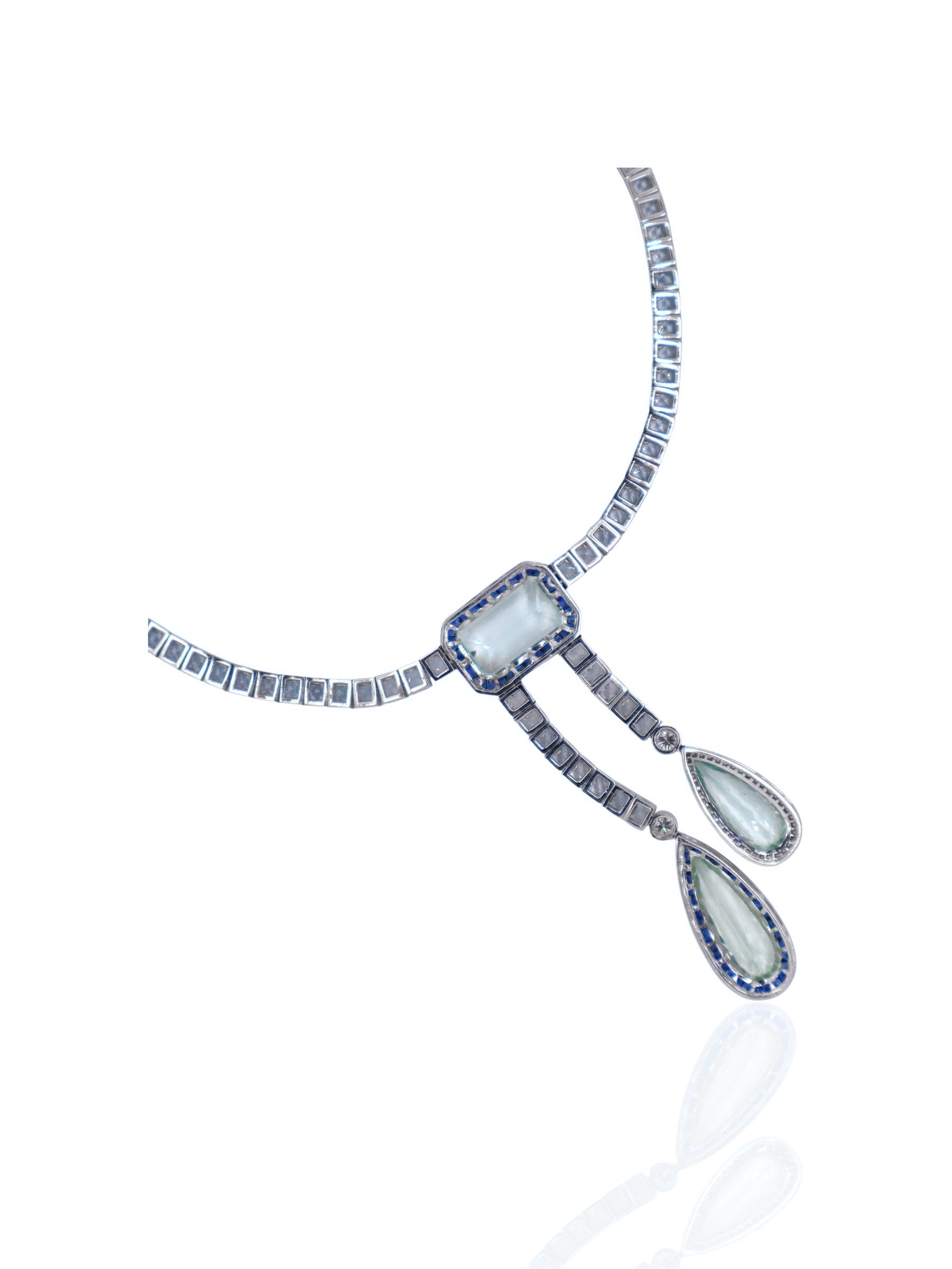 Sophia D Art Deco Aquamarine, Sapphire and Diamond Necklace in Platinum