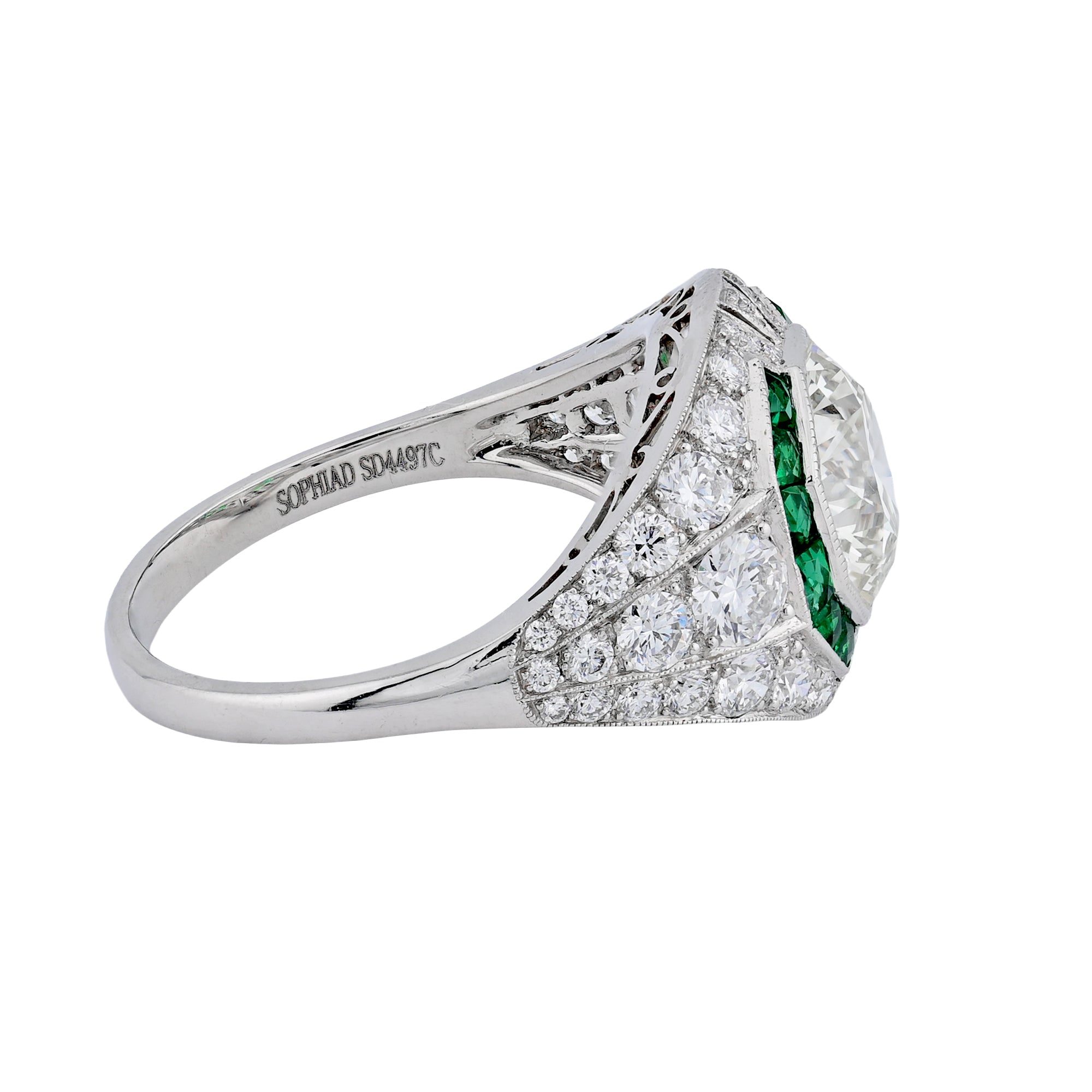 Sophia D Art Deco Round Diamond and Emerald Ring Platinum