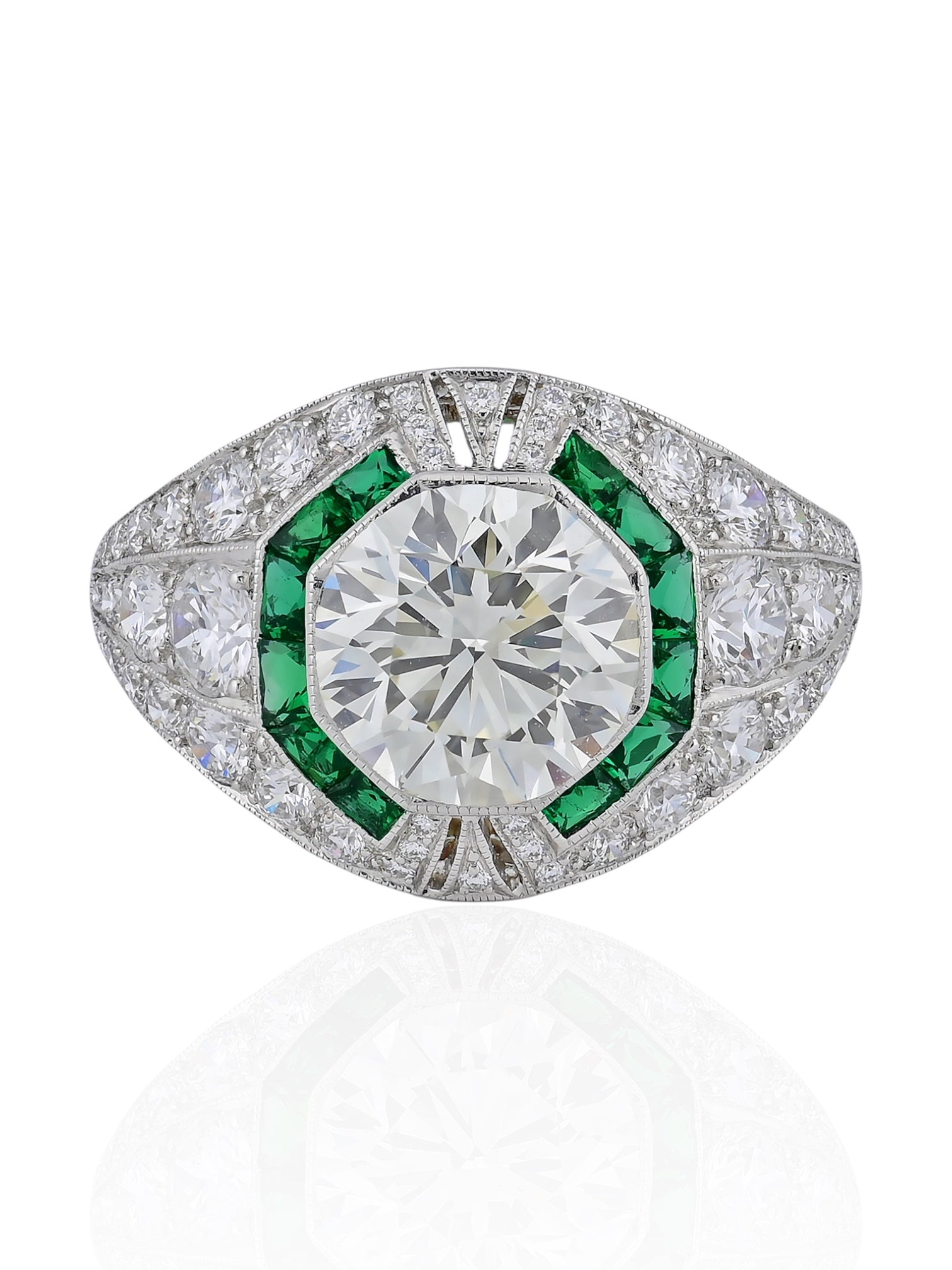 Sophia D Art Deco Round Diamond and Emerald Ring Platinum