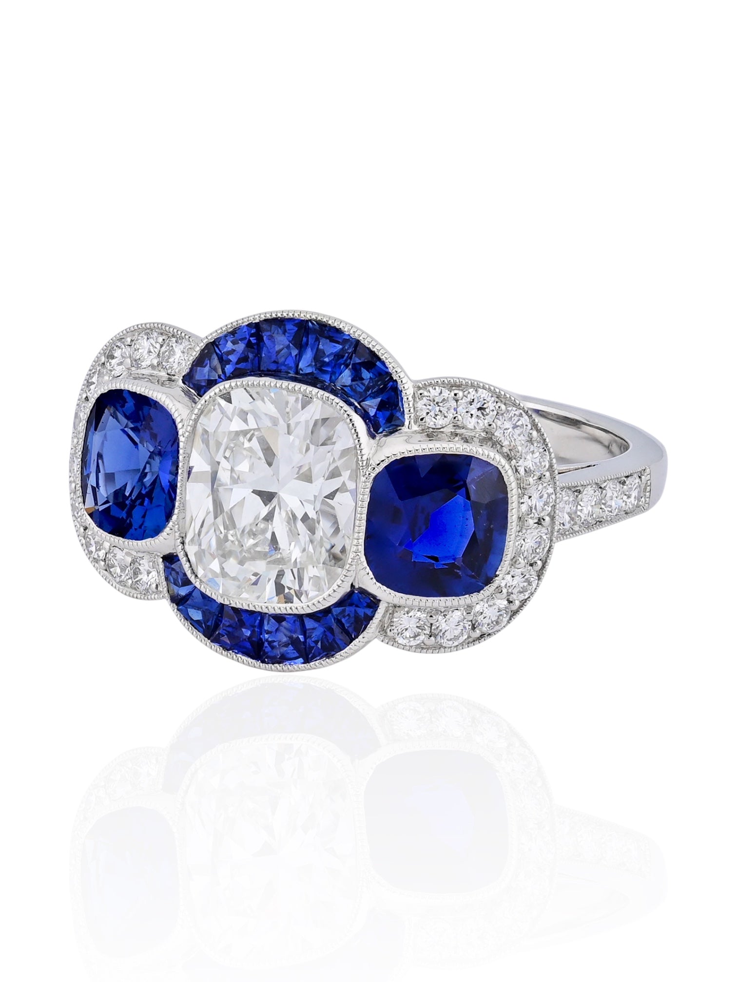 Sophia D Art Deco Cushion Cut Diamond and Sapphire Ring Platinum