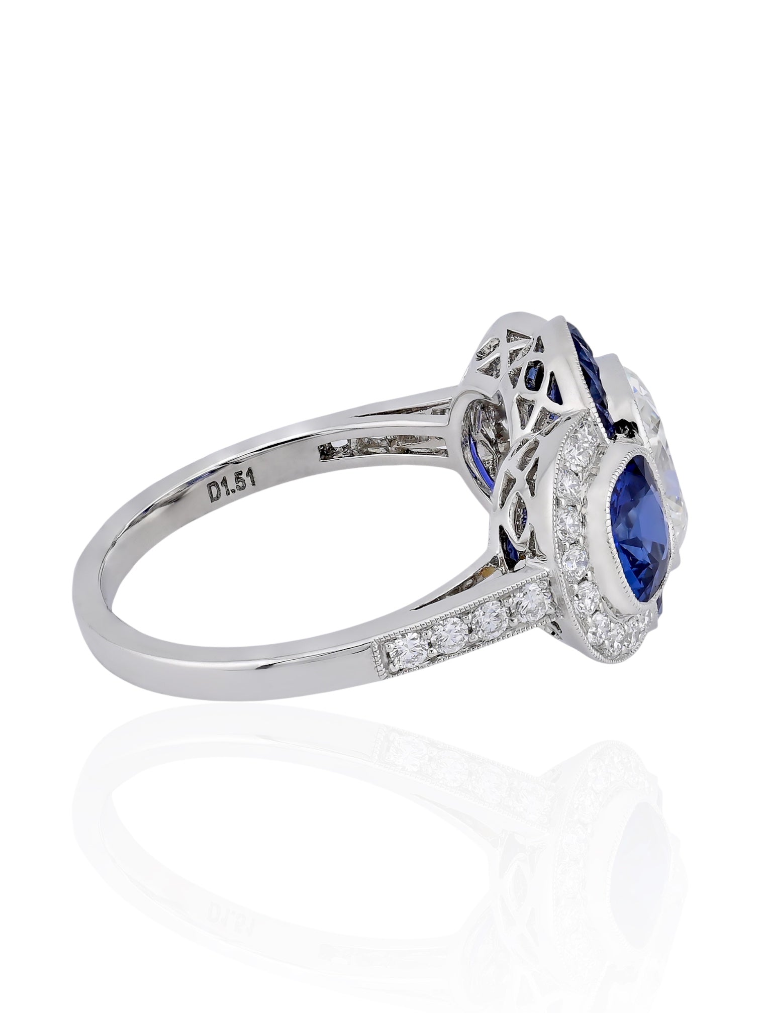 Sophia D Art Deco Cushion Cut Diamond and Sapphire Ring Platinum