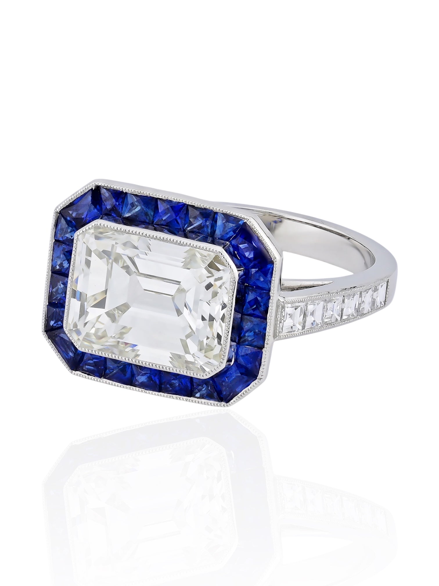 Sophia D Art Deco Emerald Cut Diamond and Sapphire Ring Platinum