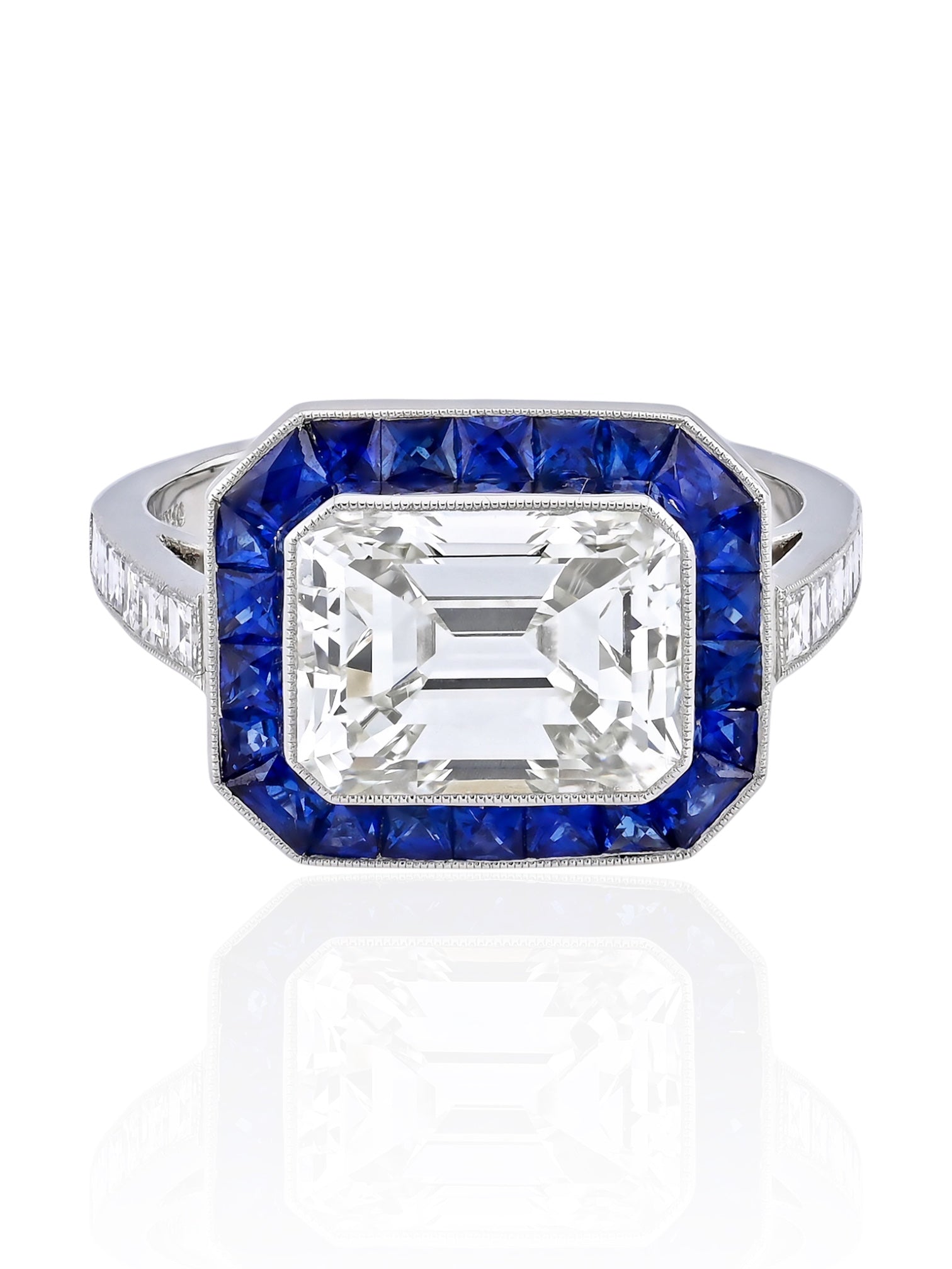 Sophia D Art Deco Emerald Cut Diamond and Sapphire Ring Platinum