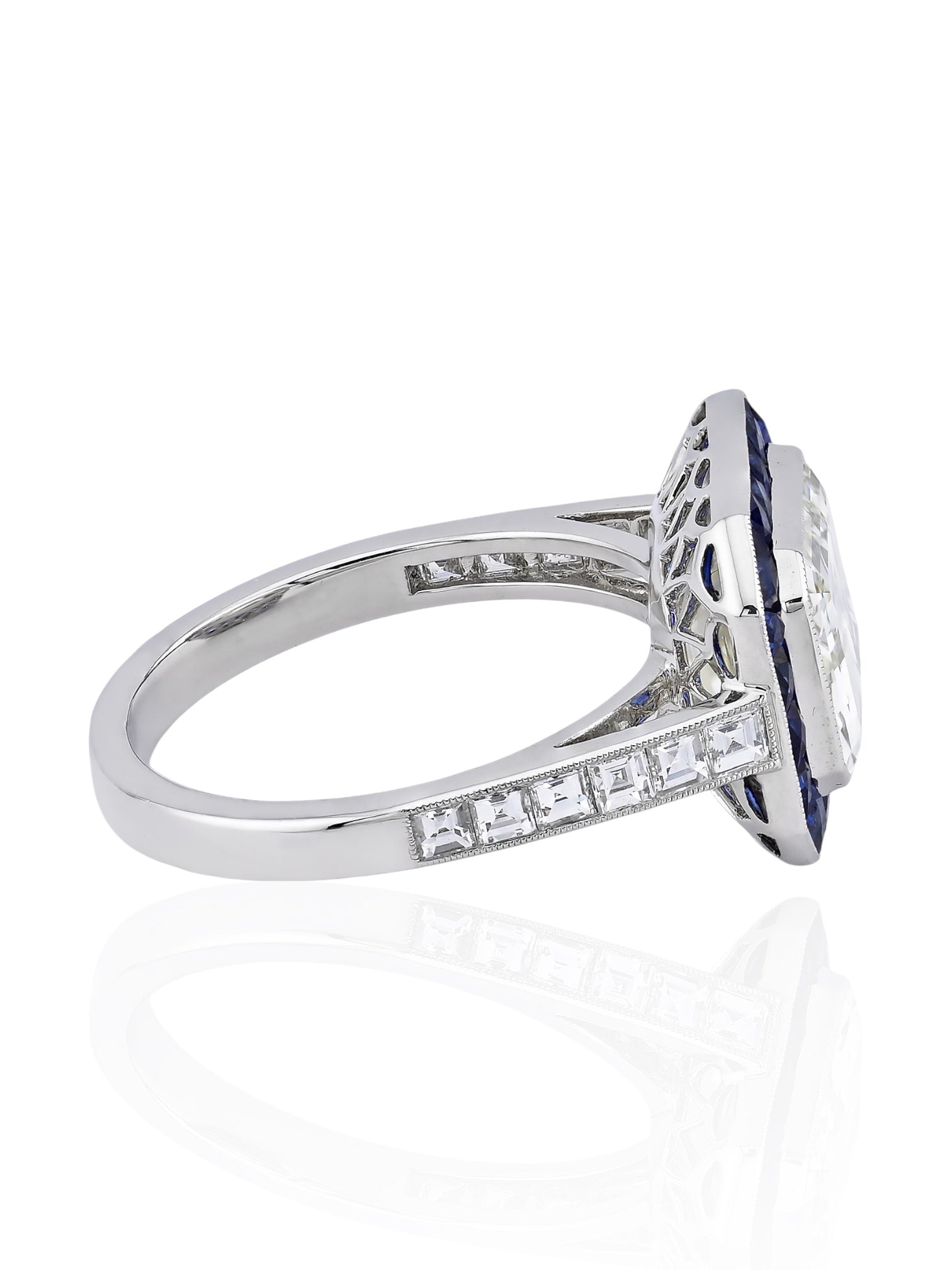 Sophia D Art Deco Emerald Cut Diamond and Sapphire Ring Platinum
