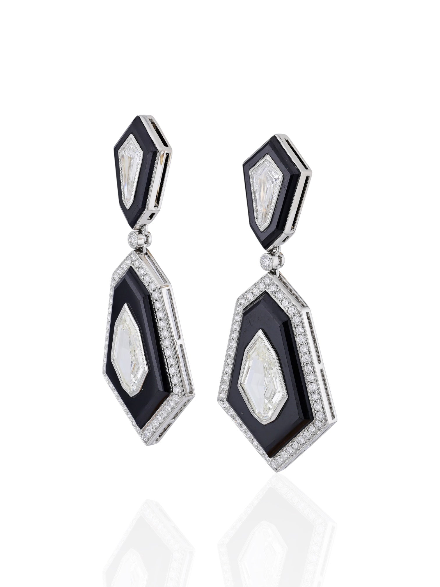 Sophia D Art Deco Onyx and Modified Pear Shape Diamond Drop Earrings Platinum & 18K Yellow Gold