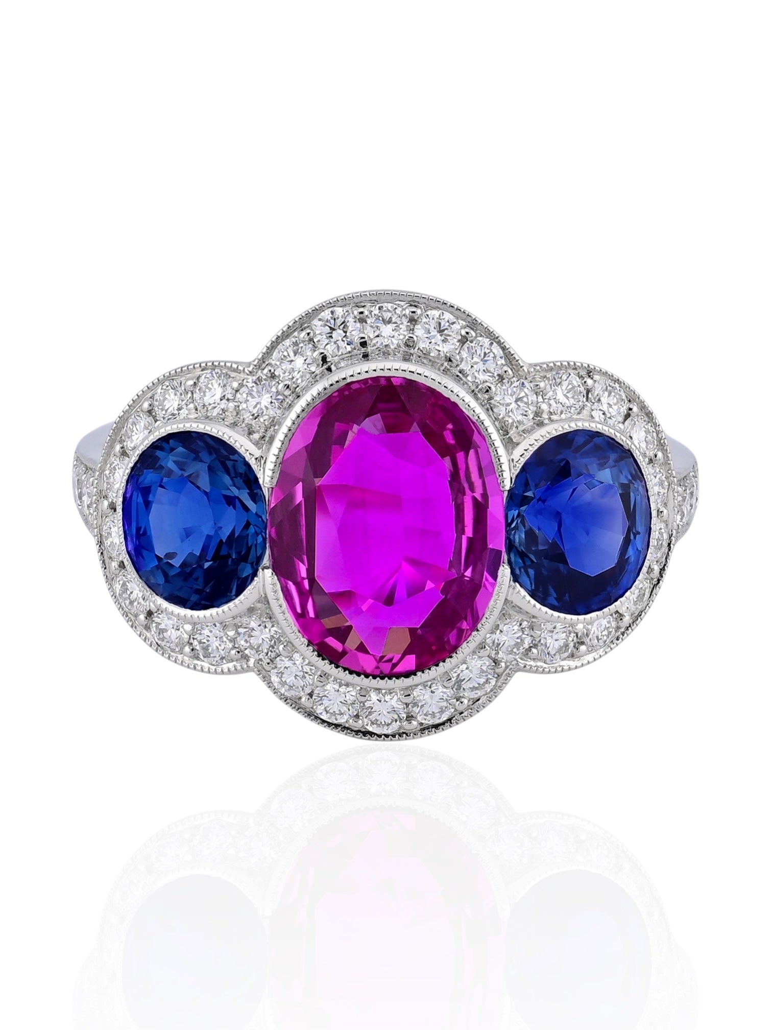 Sophia D Art Deco No Heat Pink Sapphire, Sapphire and Diamond Ring Platinum