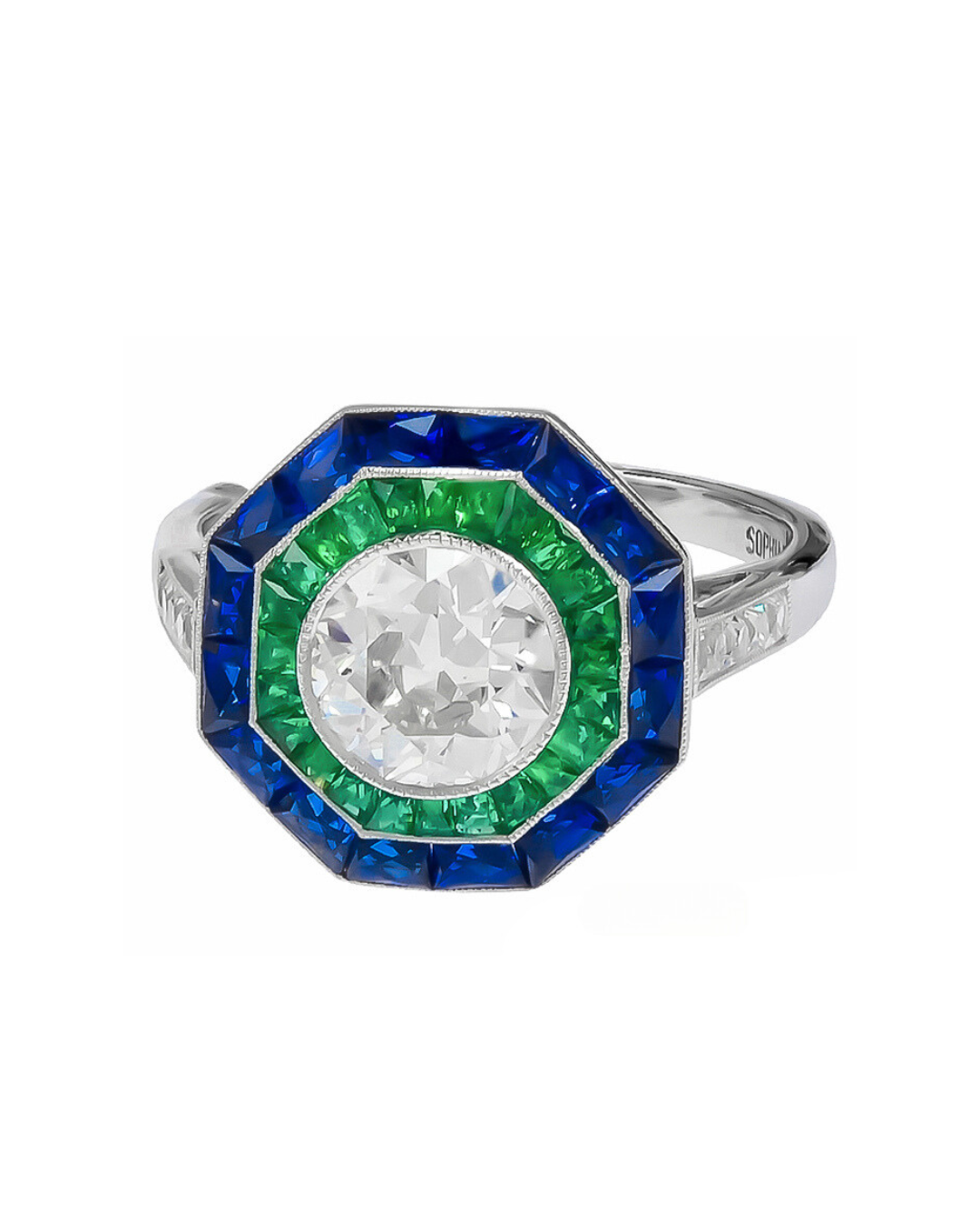 Sophia D. Hexagonal Ring with French Cut Sapphire and Emeralds and a Round Diamond Center