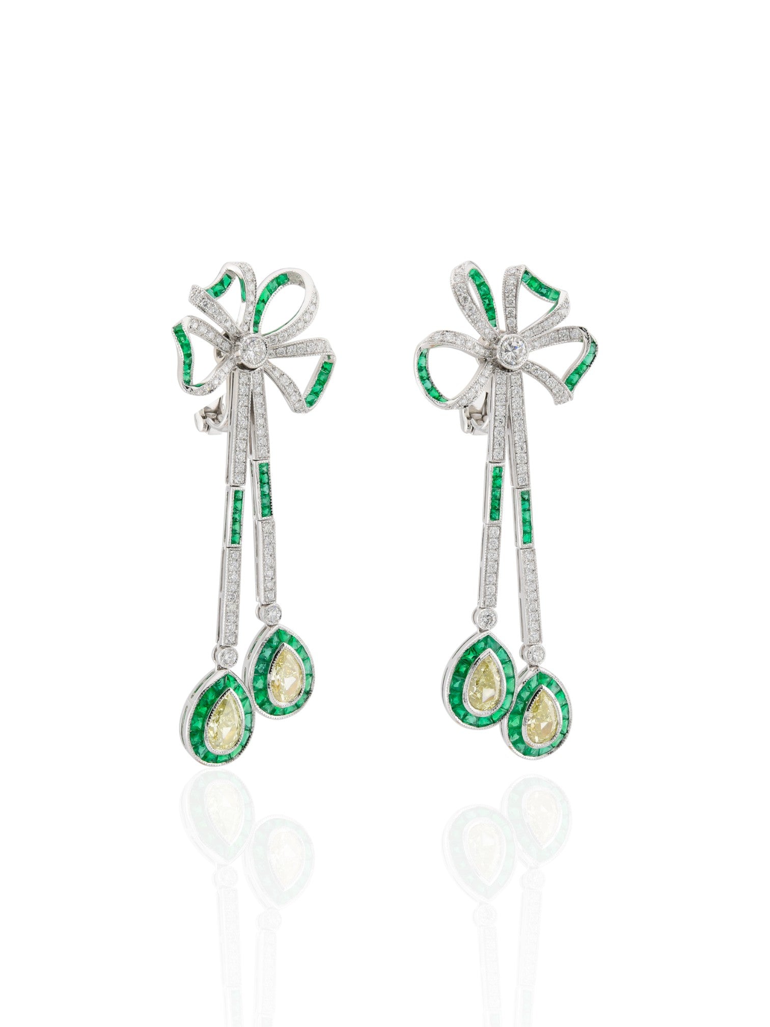 Sophia D Art Deco Yellow Diamond, Emerald, and Diamond Bow Earrings