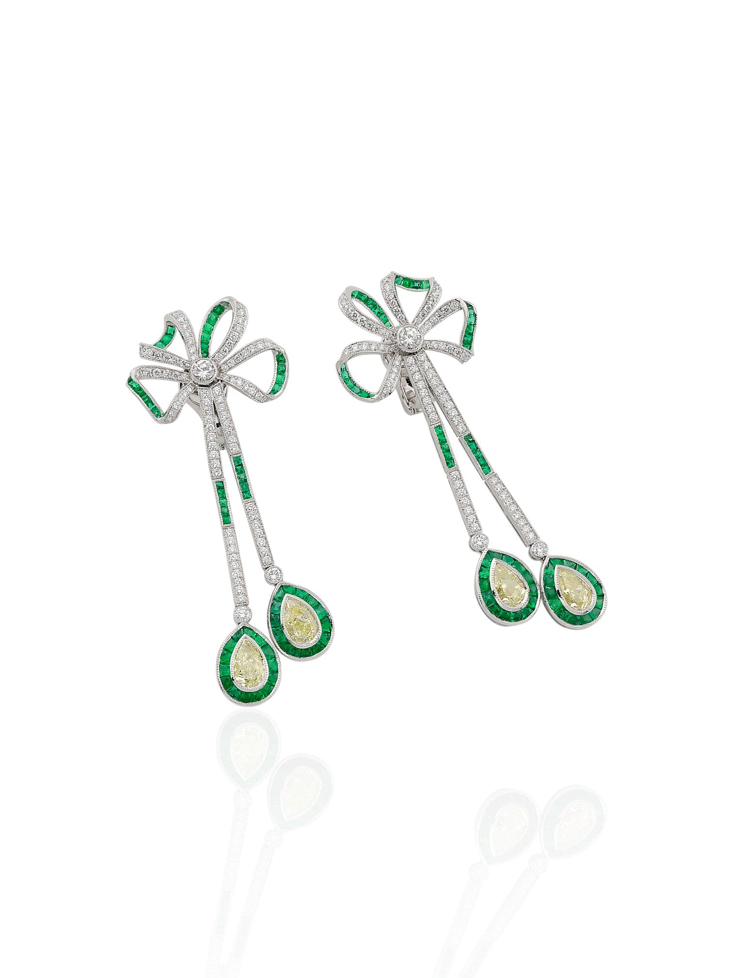 Sophia D Art Deco Yellow Diamond, Emerald, and Diamond Bow Earrings