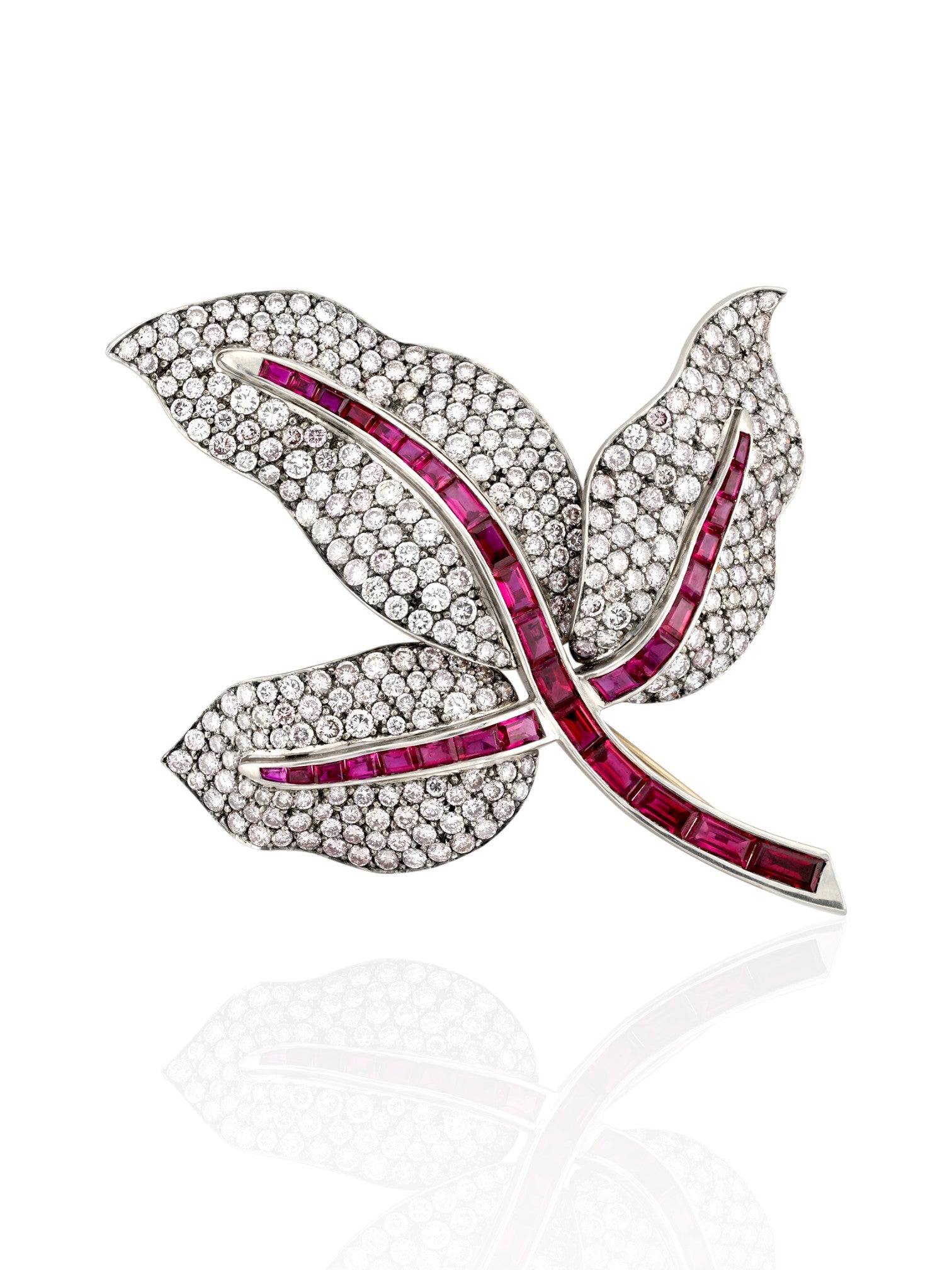 Ruby and Diamond Leaf Brooch in Platinum