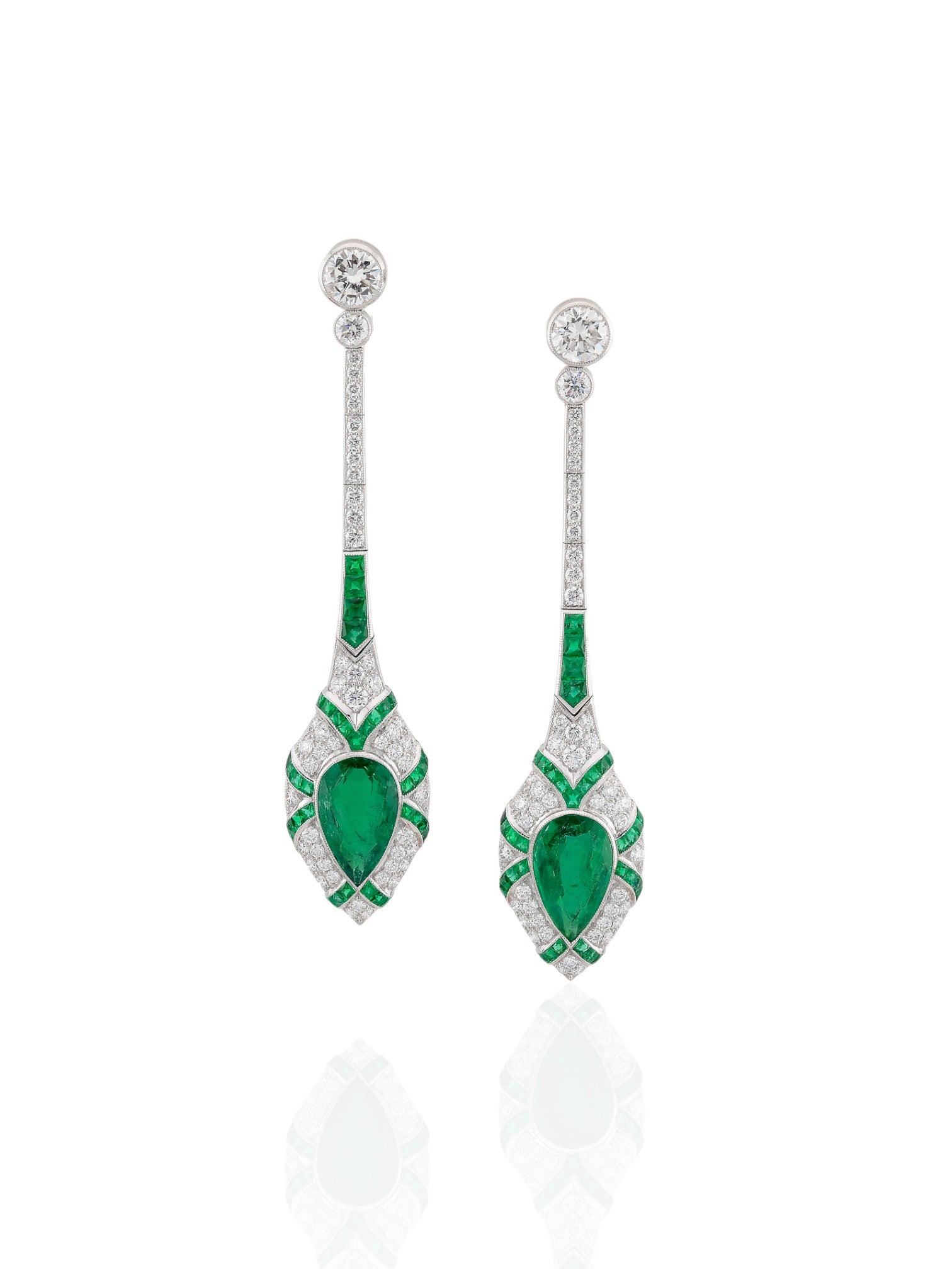 Sophia D Art Deco Pear Shaped Emerald and Diamond Drop Earrings in Platinum and 18K Yellow Gold